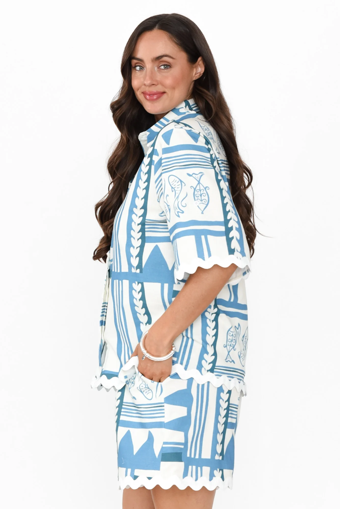 Nissa Blue Sea Linen Blend Shirt