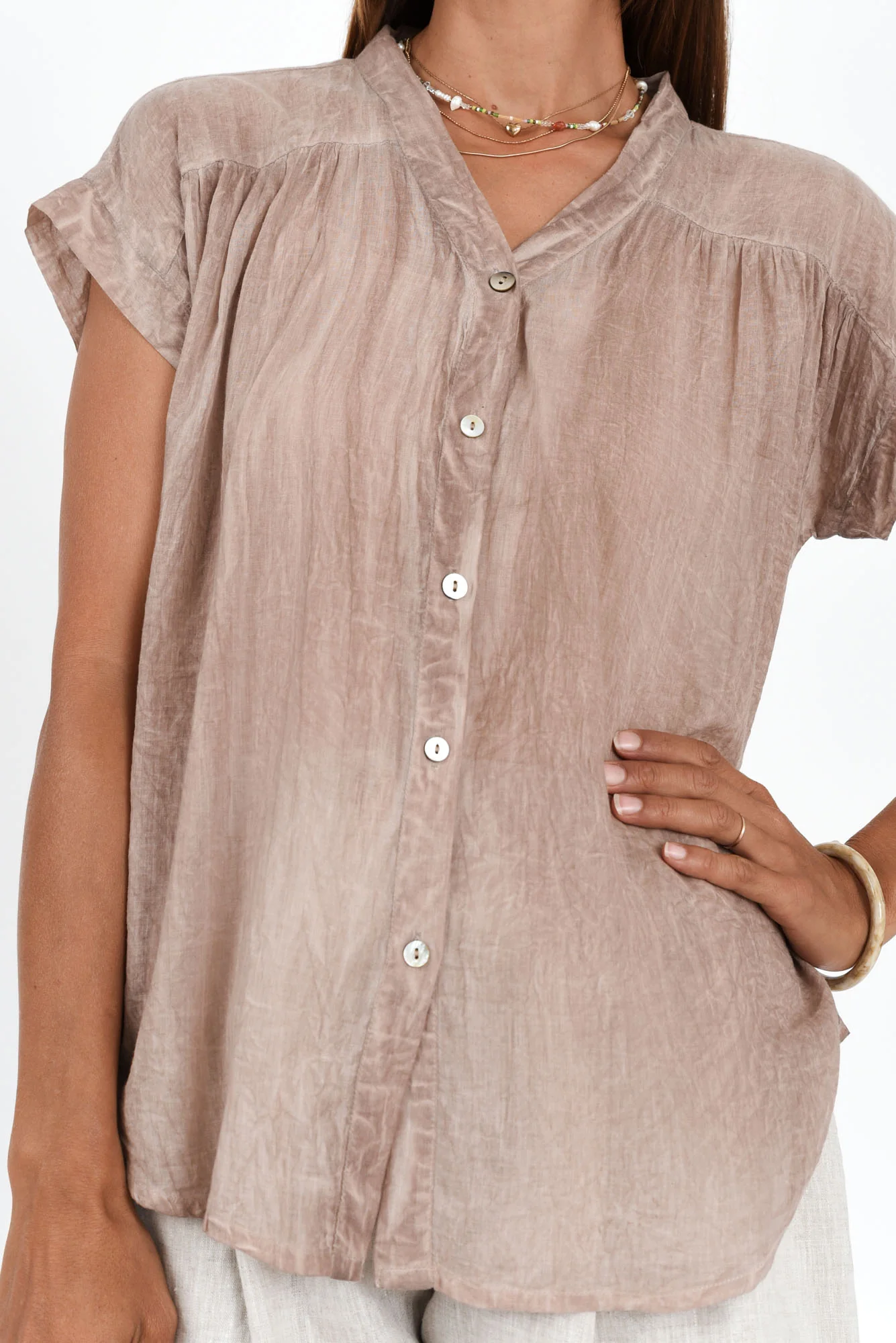 Nevada Taupe Cotton Button Top