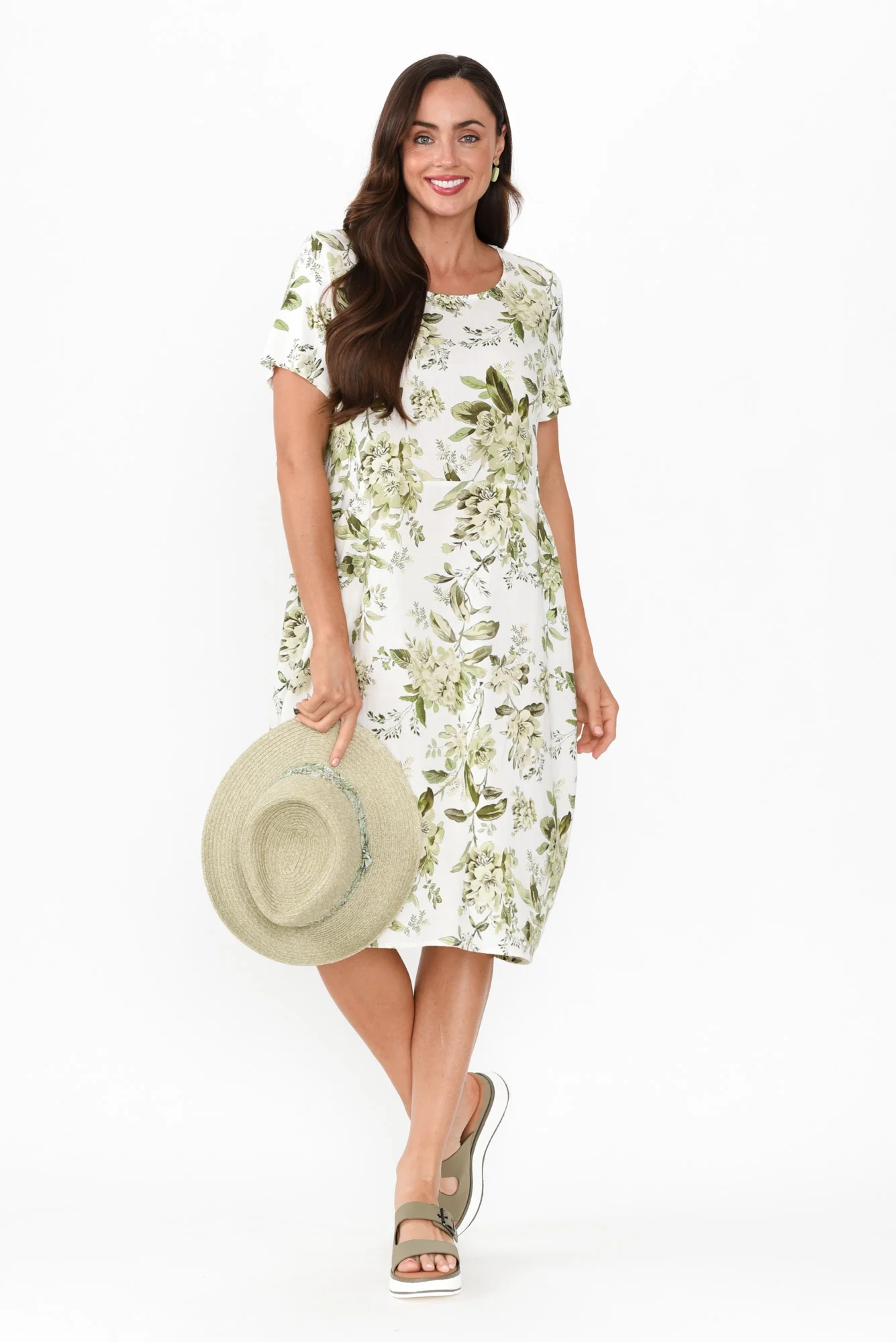 Evalina Green Floral Linen Blend Dress