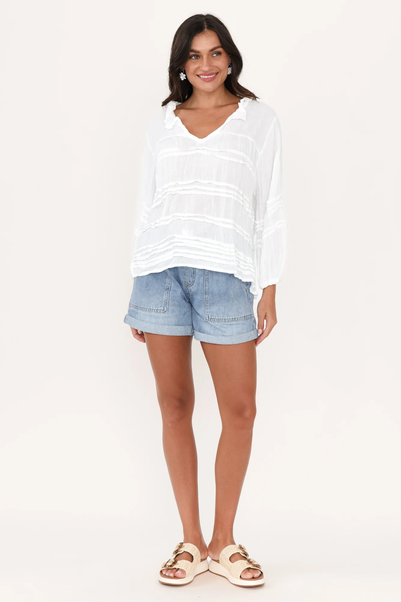 Palmer White Cotton Long Sleeve Top
