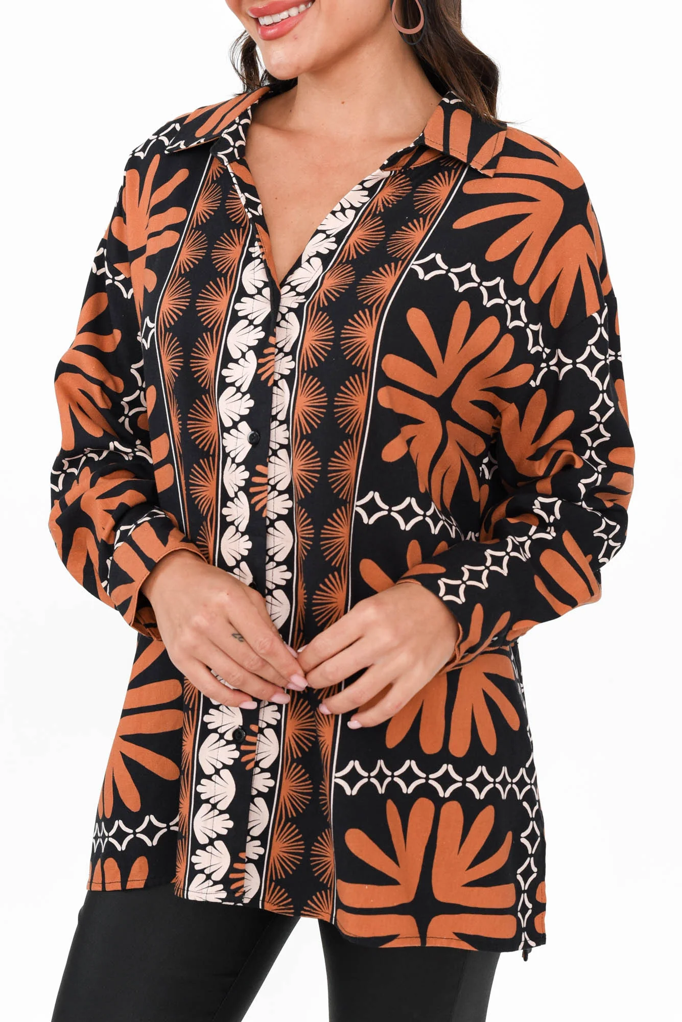 Silia Brown Geo Linen Blend Shirt