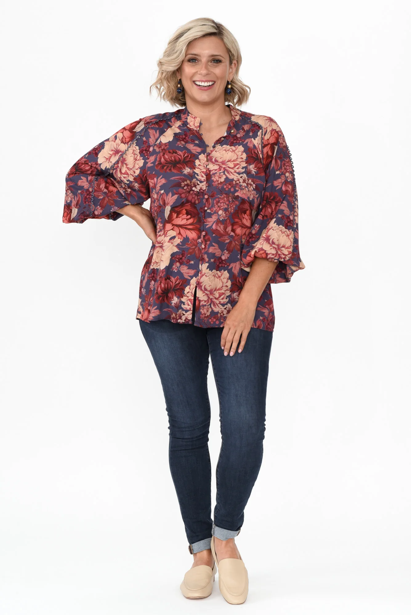Berry Kiss Red Floral Linen Blend Blouse