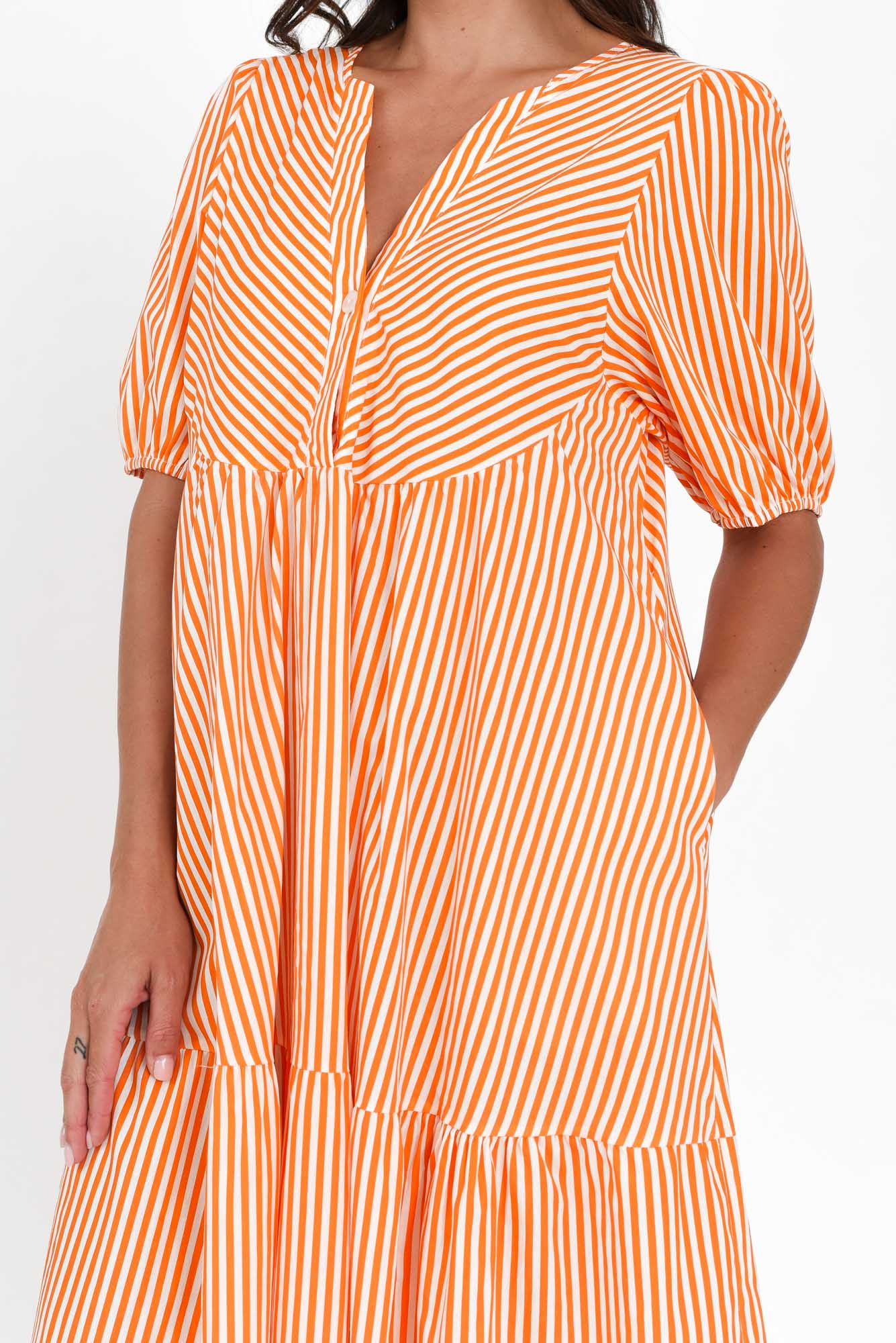 Zariah Orange Stripe Cotton Tier Dress