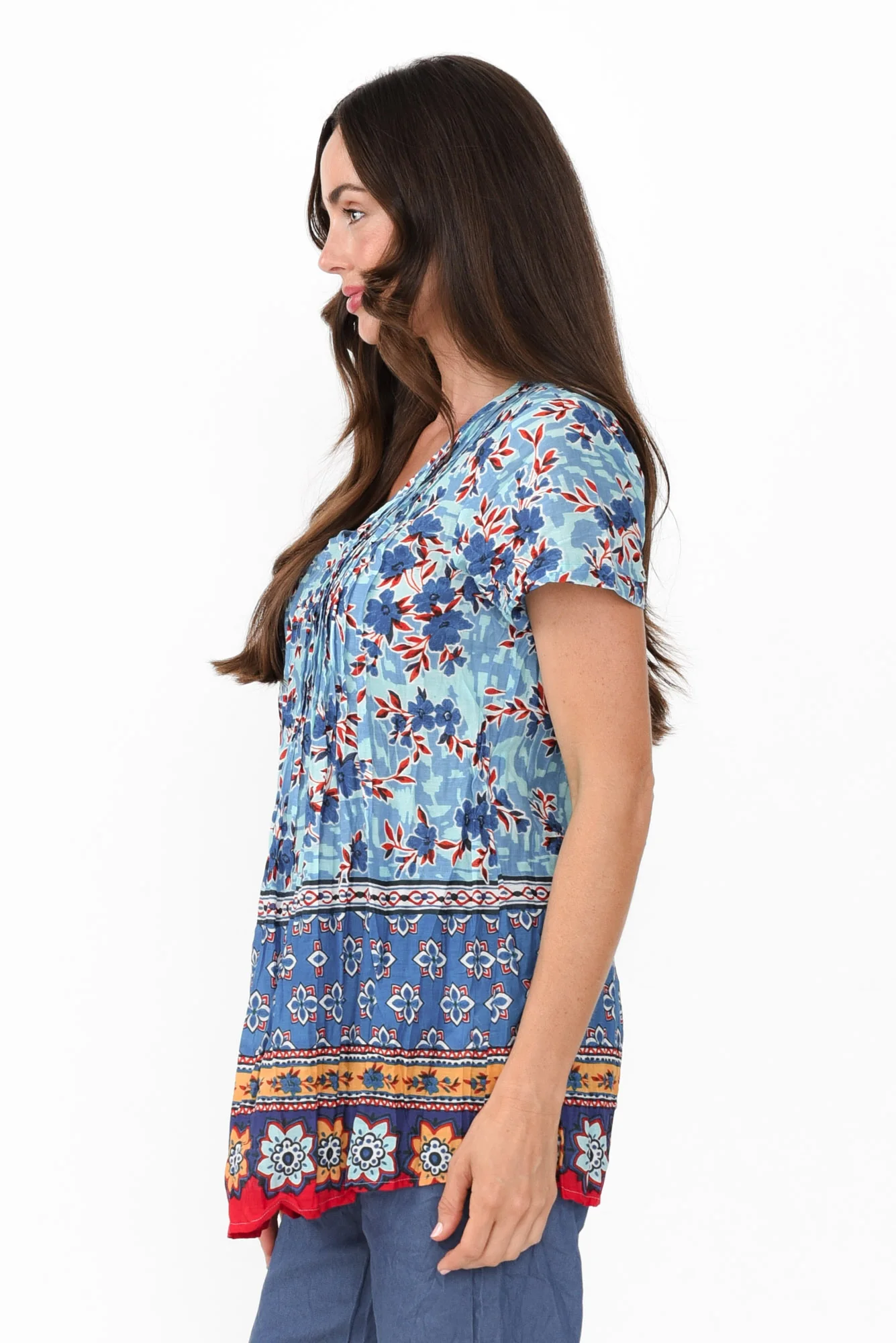 Fia Sky Blue Floral Crinkle Cotton Top