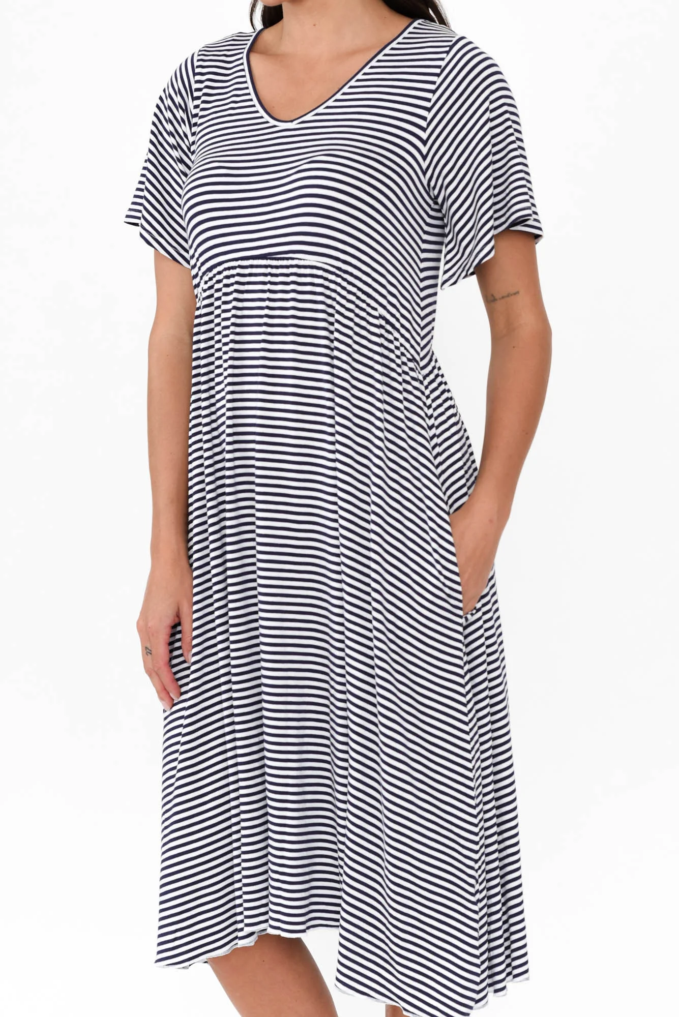 Donna Navy Stripe Gathered Dress