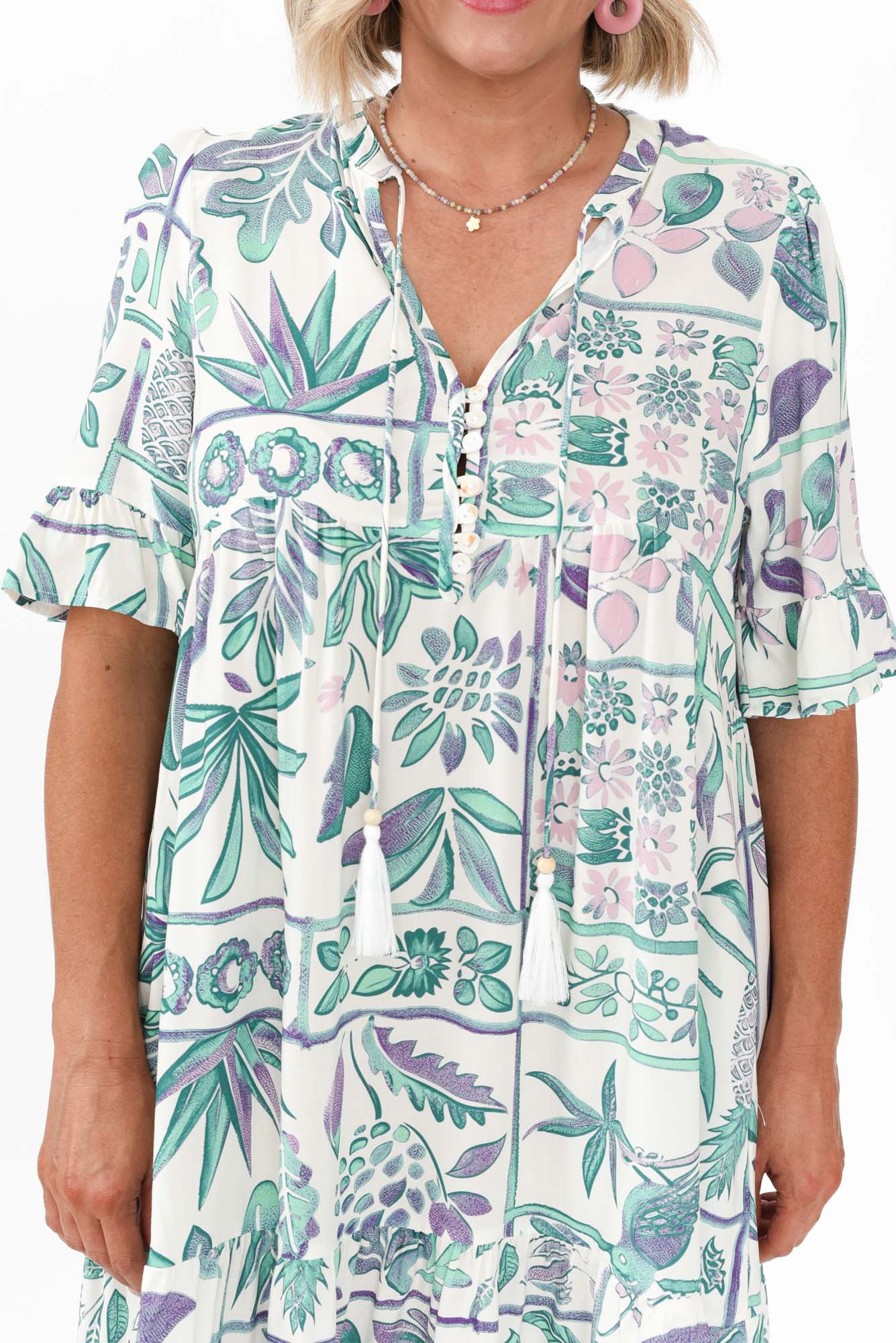 Zorita White Tropical Frill Sleeve Dress