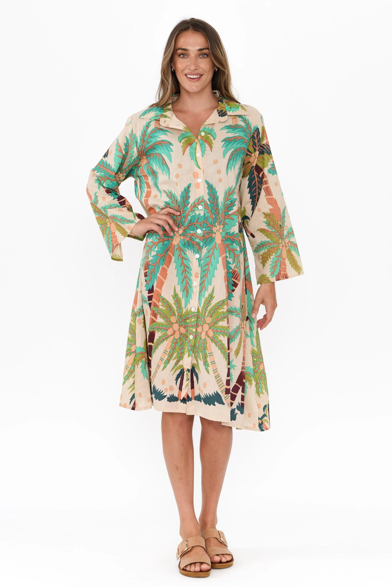 Stav Green Tropical Cotton Button Kaftan