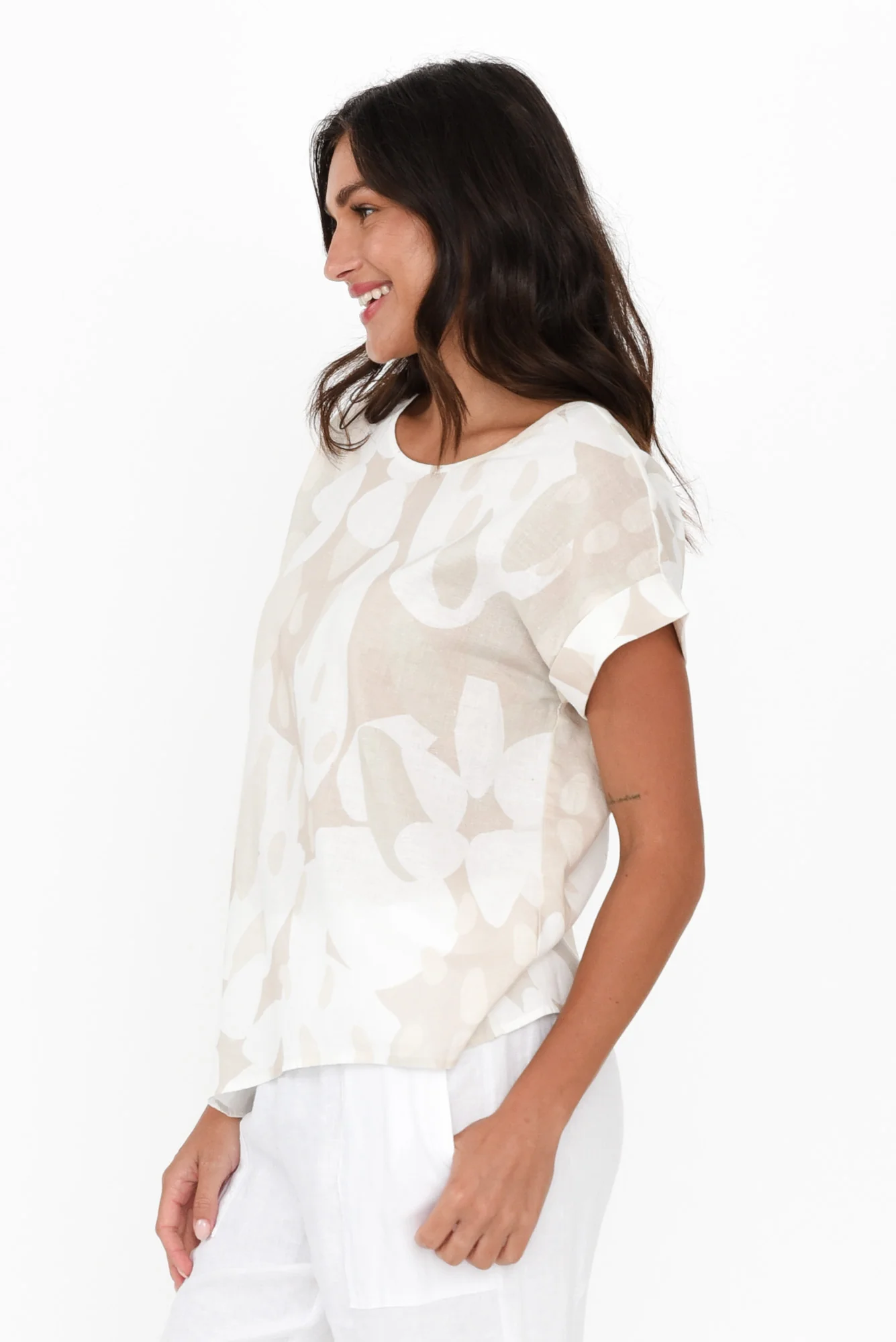Keyla Beige Abstract Linen Cotton Top