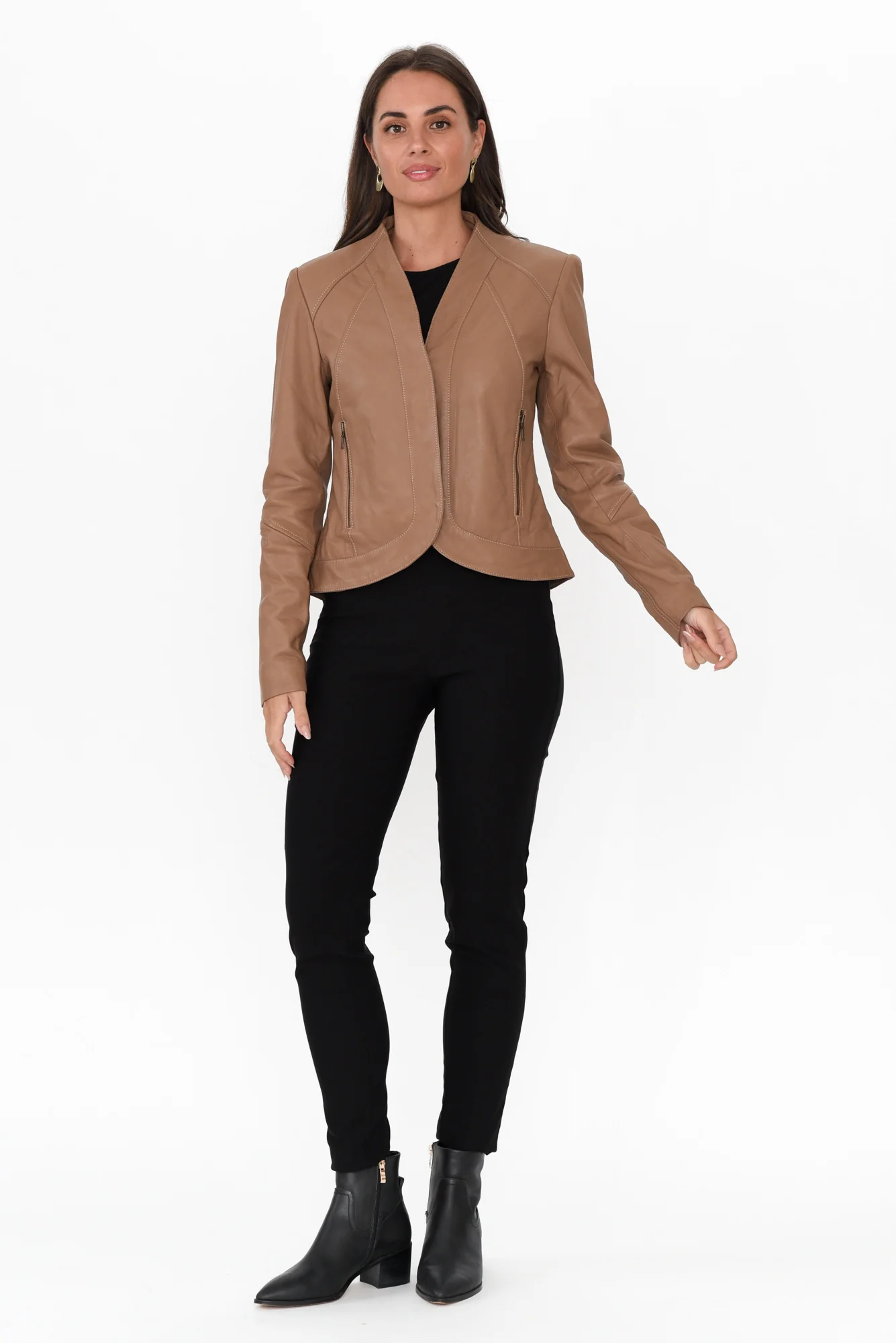 Nova Brown Leather Curved Hem Jacket