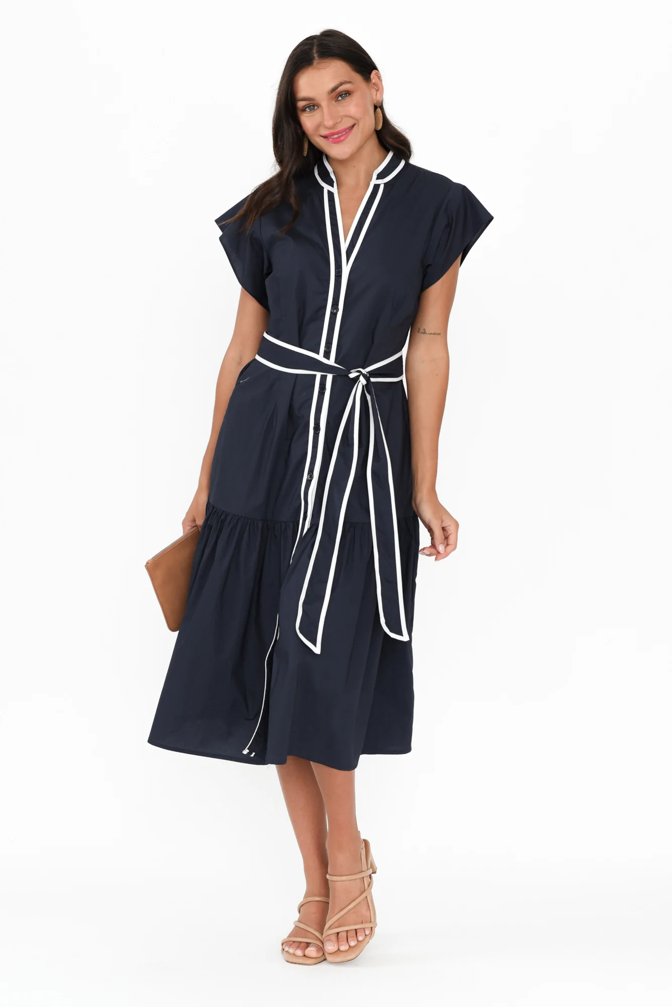 Mari Navy Contrast Cotton Tie Dress