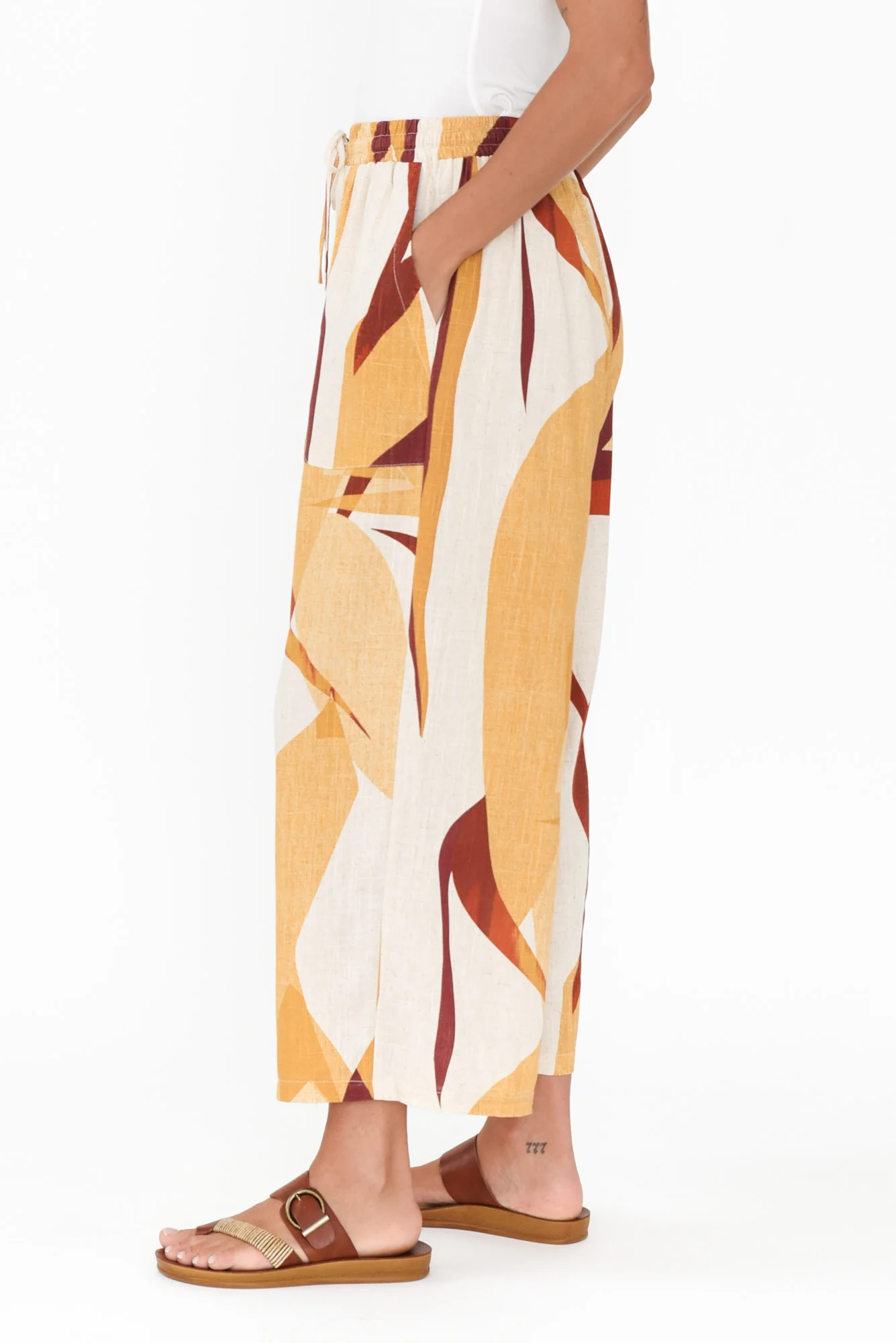 Minnelli Beige Abstract Linen Cotton Pants