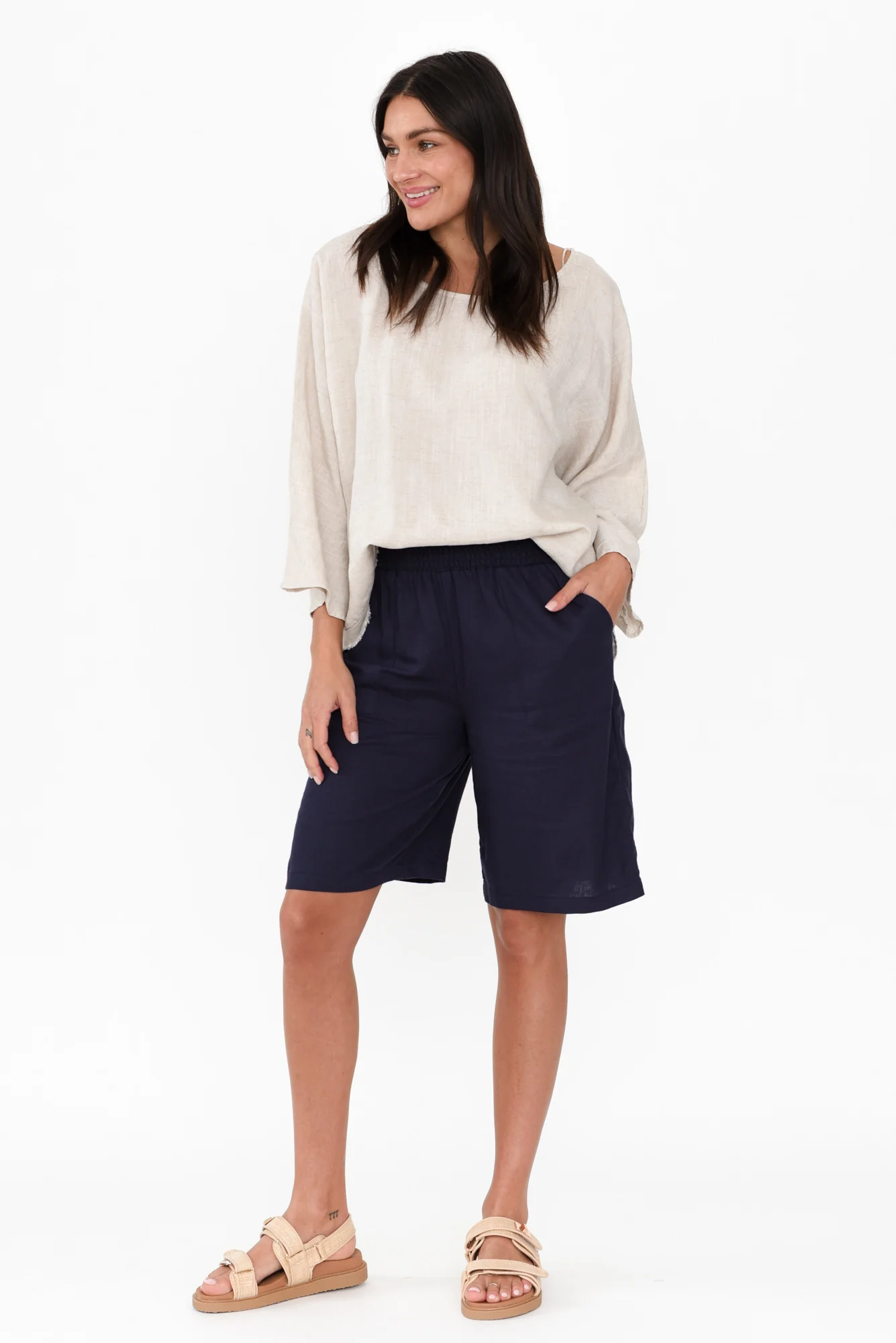 Leigh Navy Linen Blend Bermuda Shorts