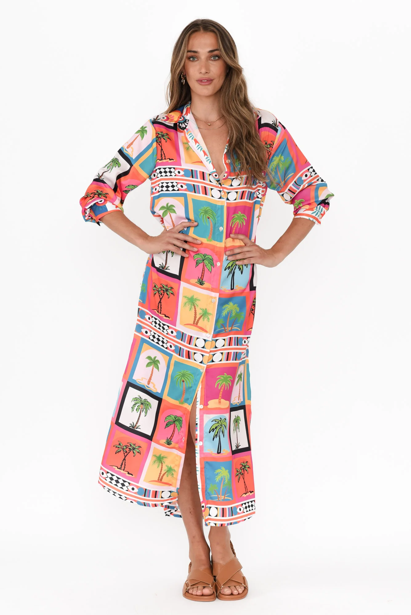 Shayli Pink Tropical Shirt Dress
