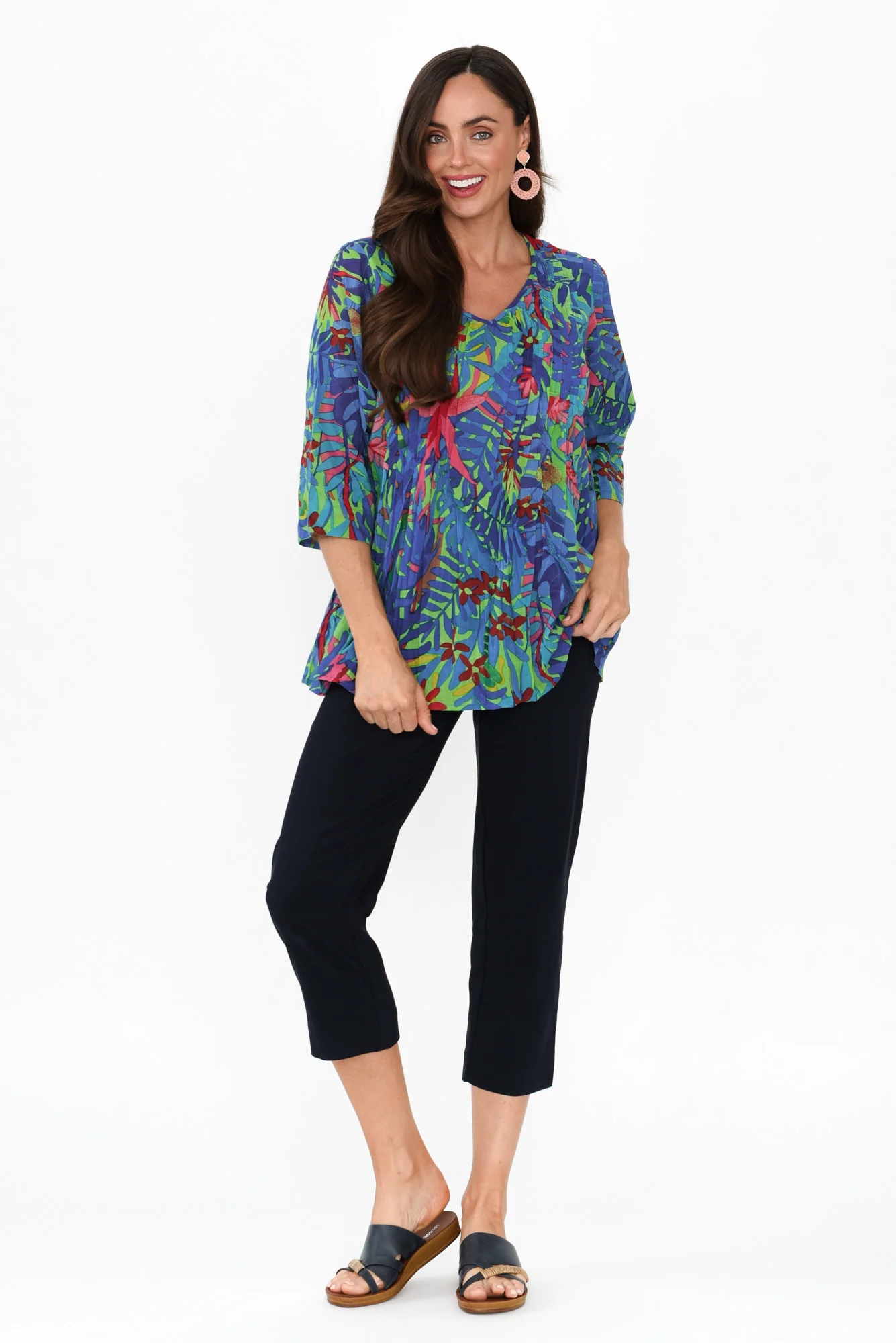 Fia Blue Jungle Sleeved Crinkle Cotton Top