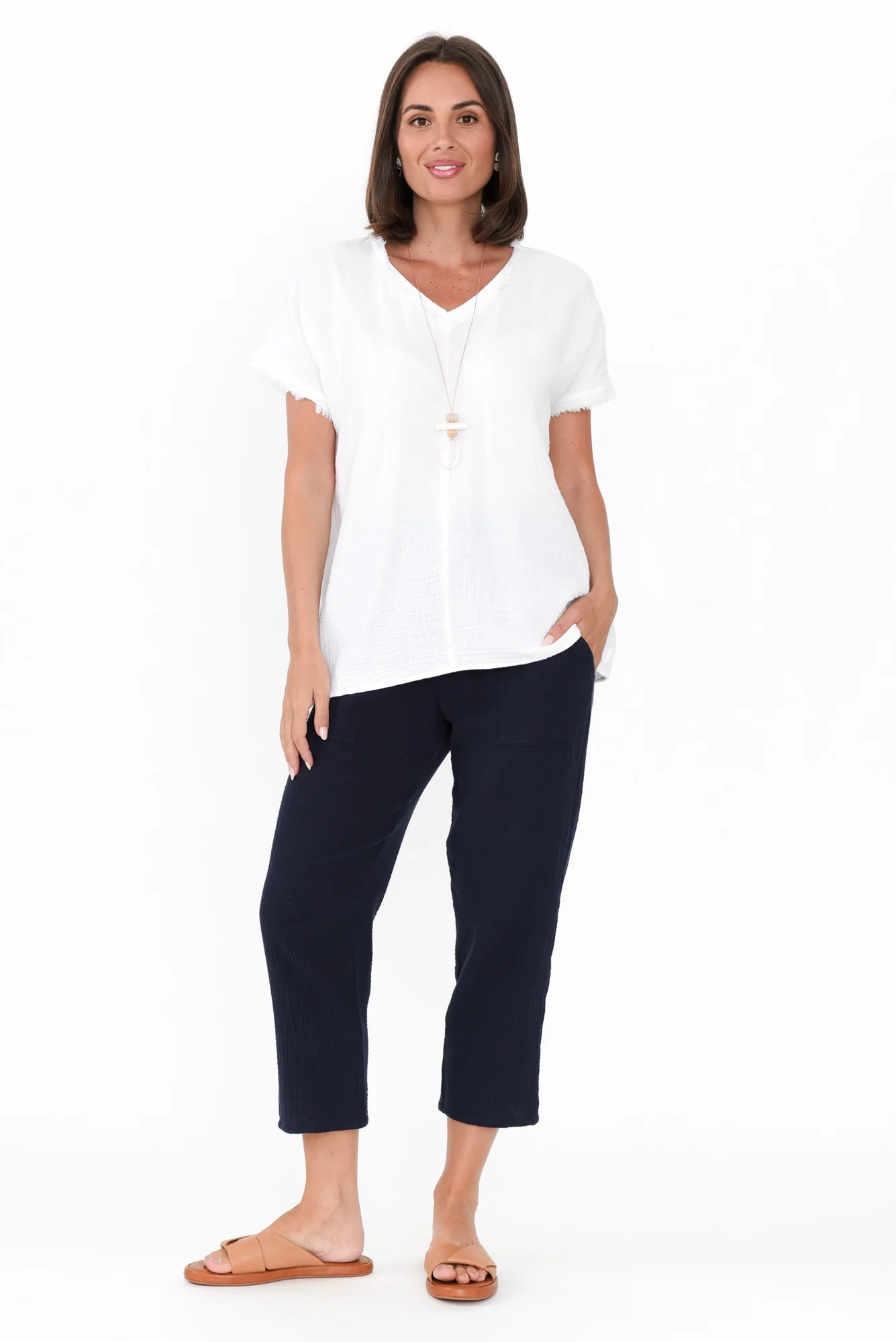 Haltia White Cotton Cheesecloth V Neck Top