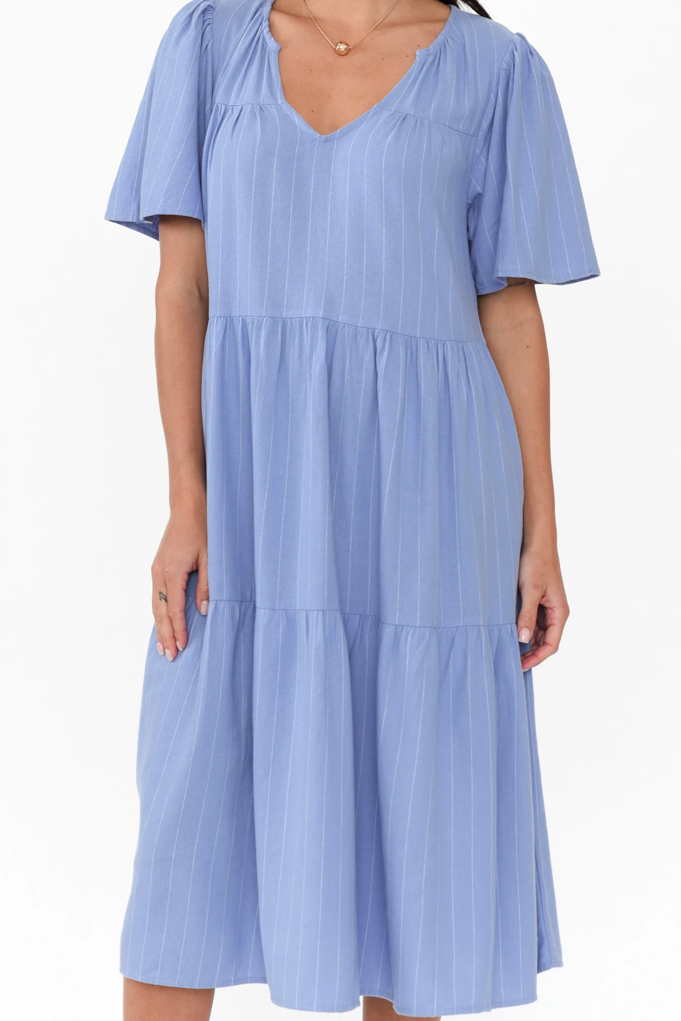 Regina Blue Linen Blend Tier Dress