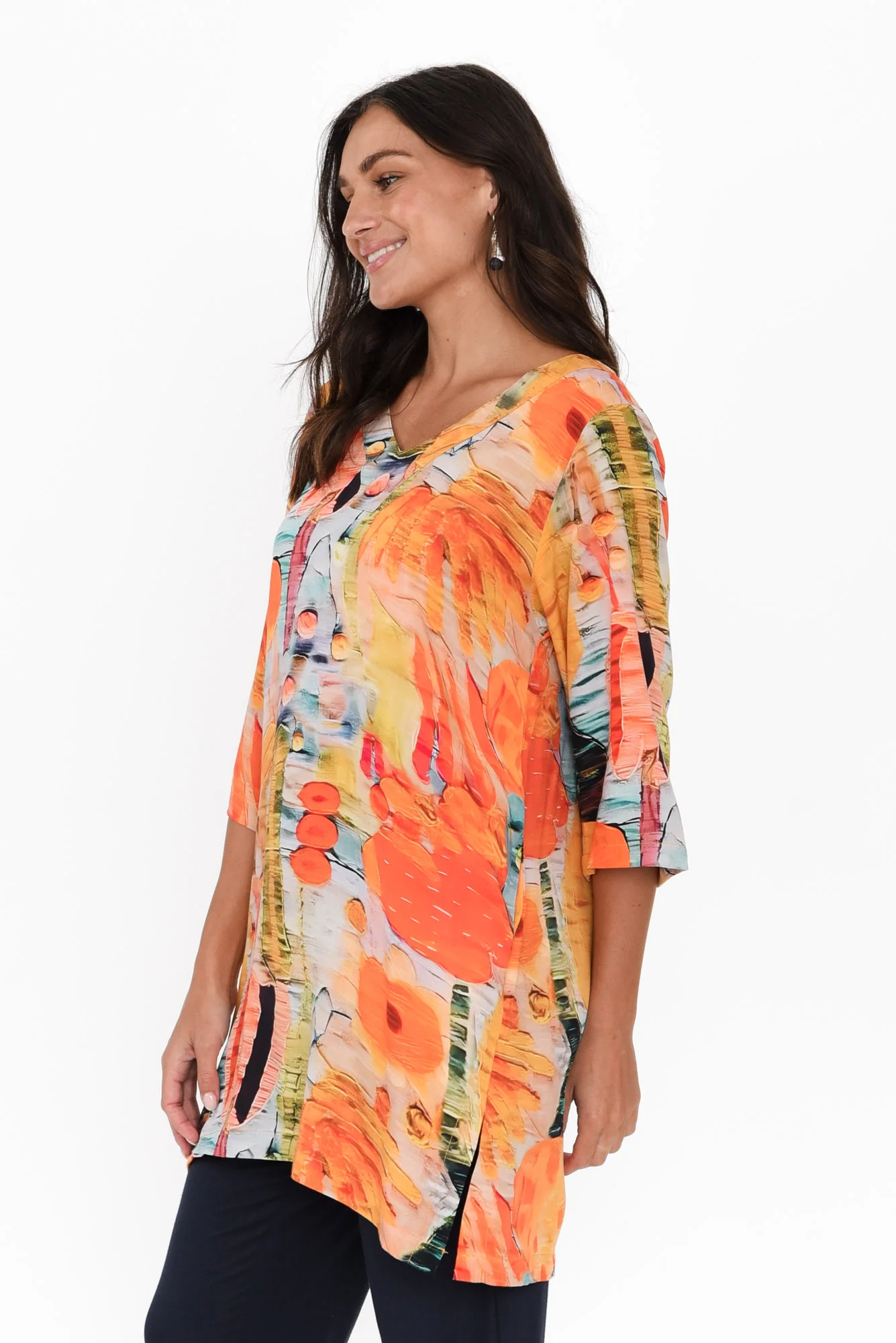 Enzo Orange Floral V Neck Tunic