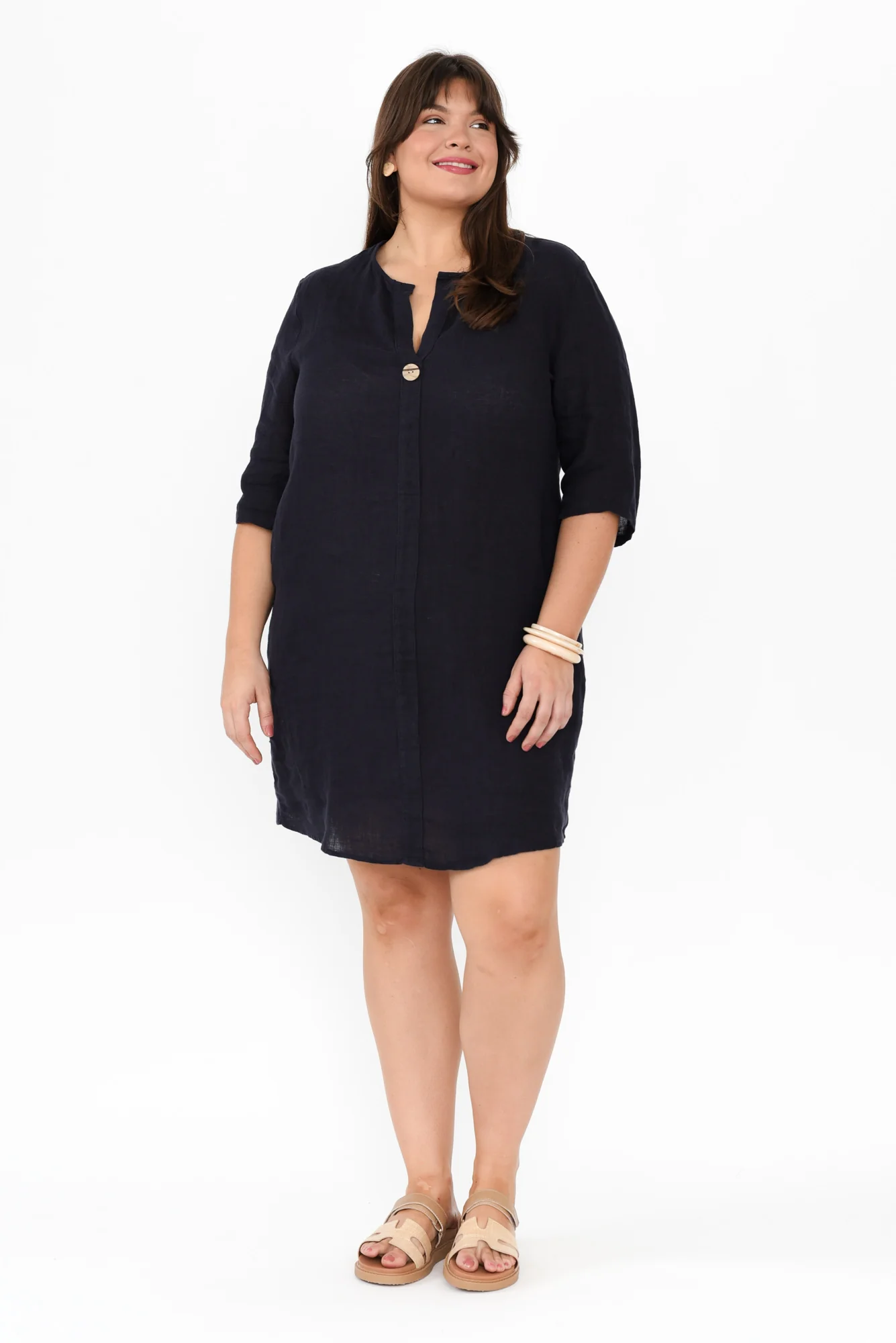 Sian Navy Linen V Neck Dress