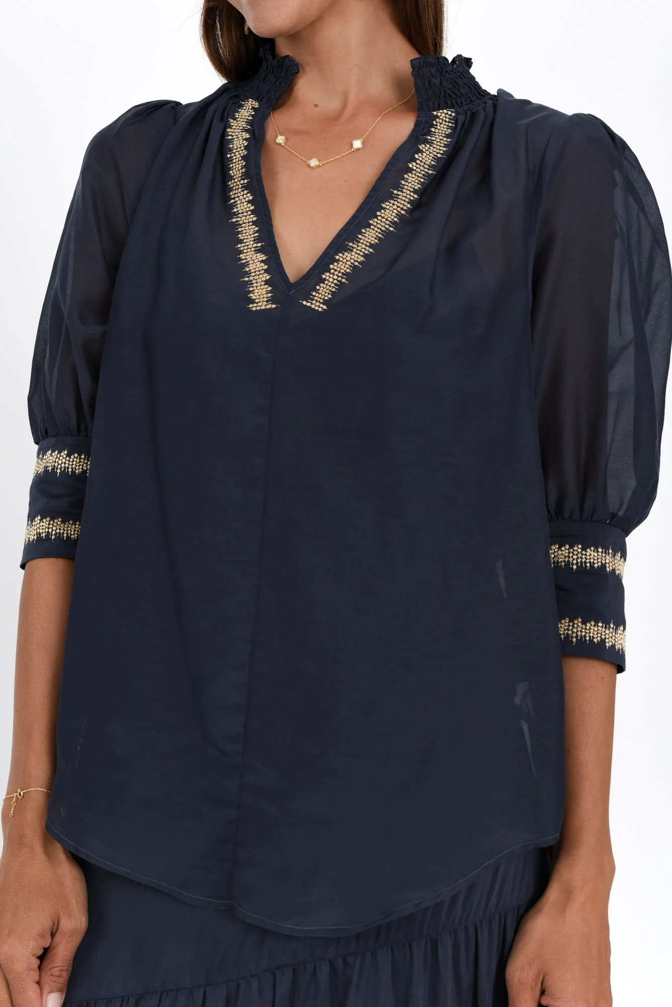 Mustique Ink Cotton Silk Embroidered Top