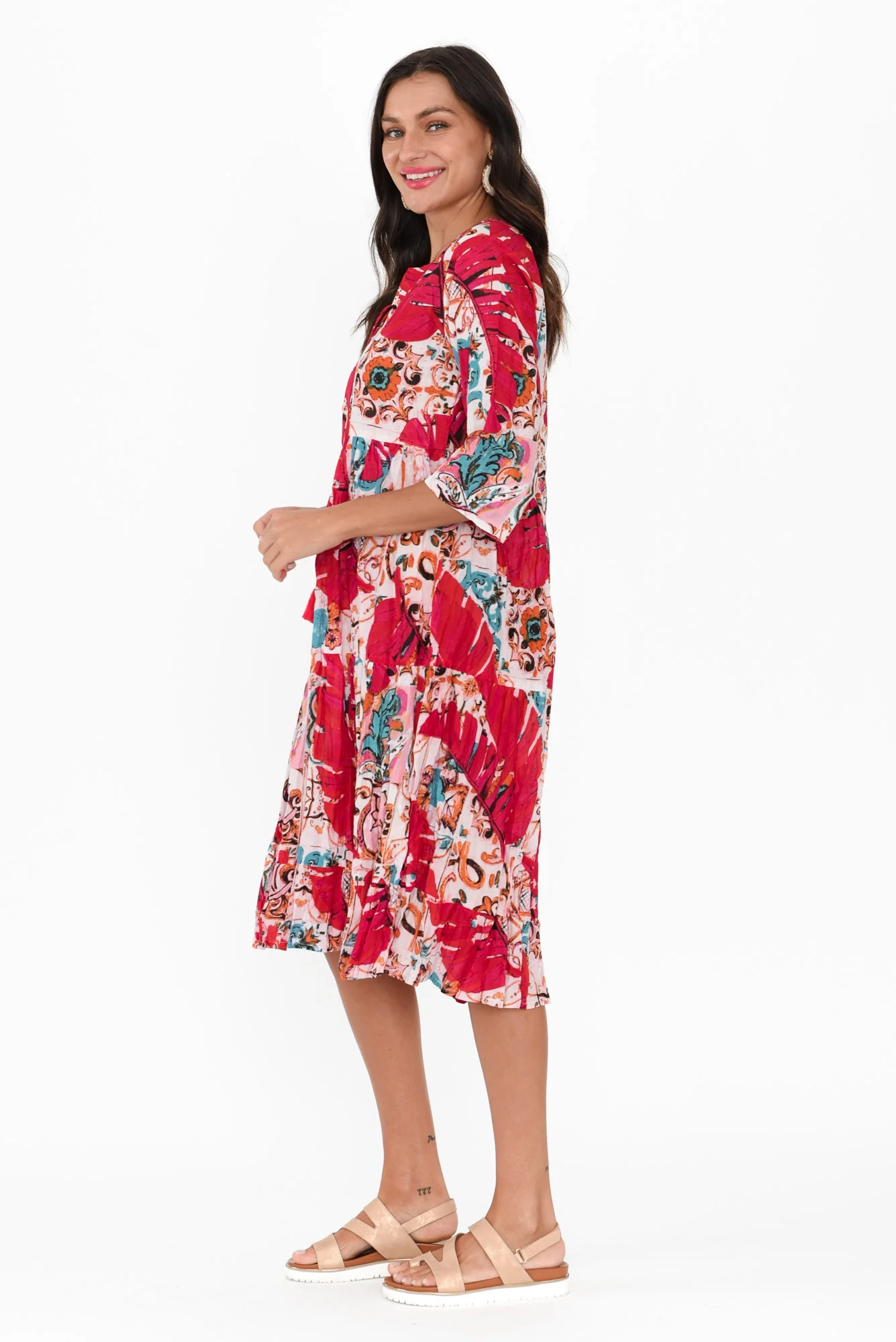 Milana Pink Leaf Crinkle Cotton Dress
