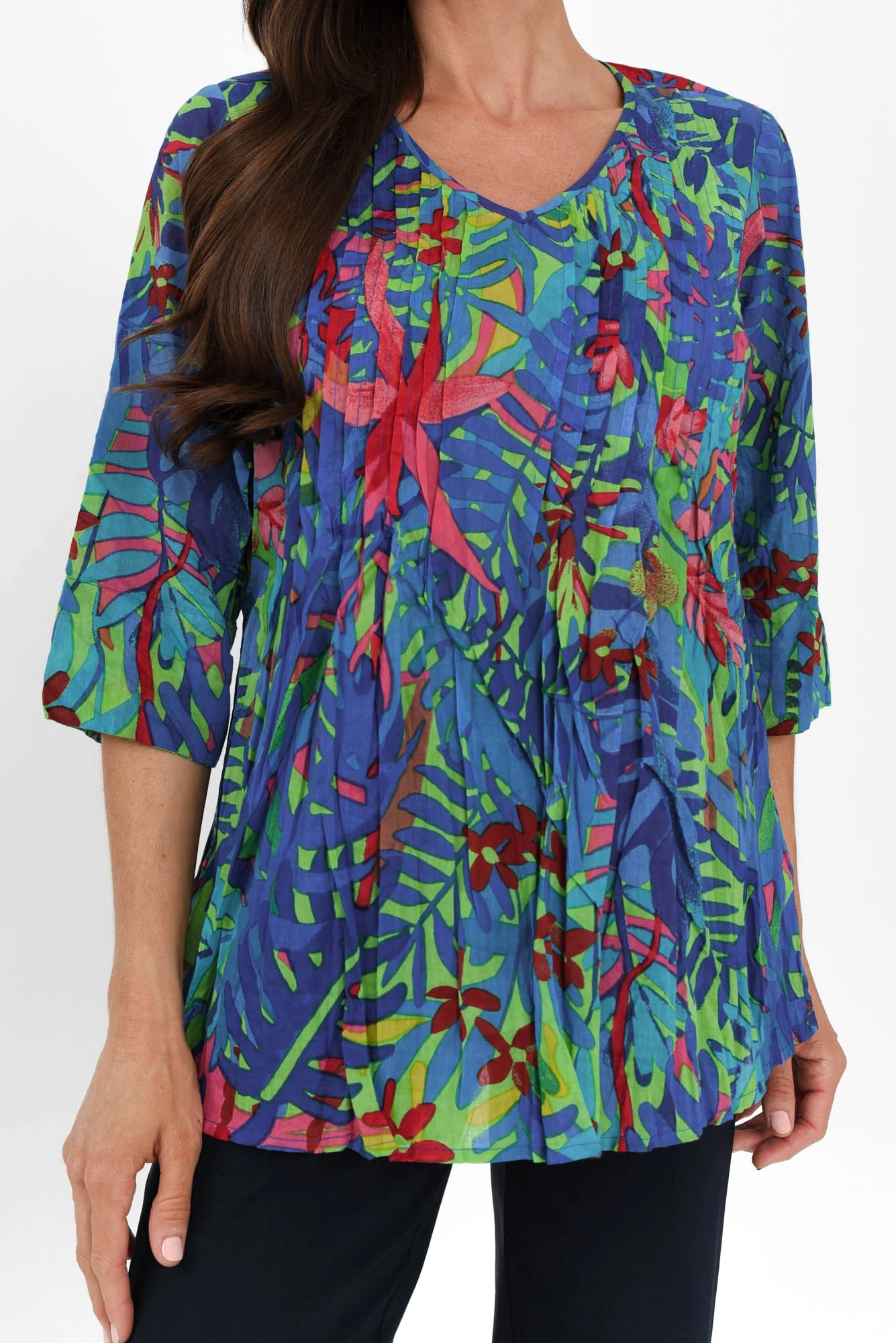 Fia Blue Jungle Sleeved Crinkle Cotton Top