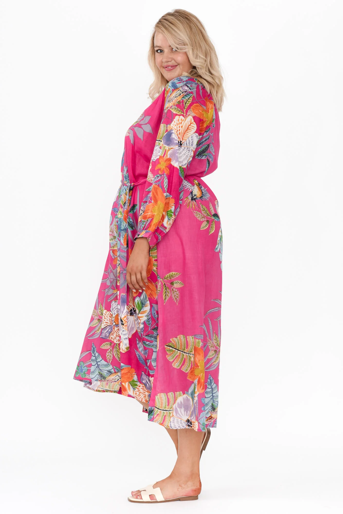Liliana Pink Bird Cotton Kaftan