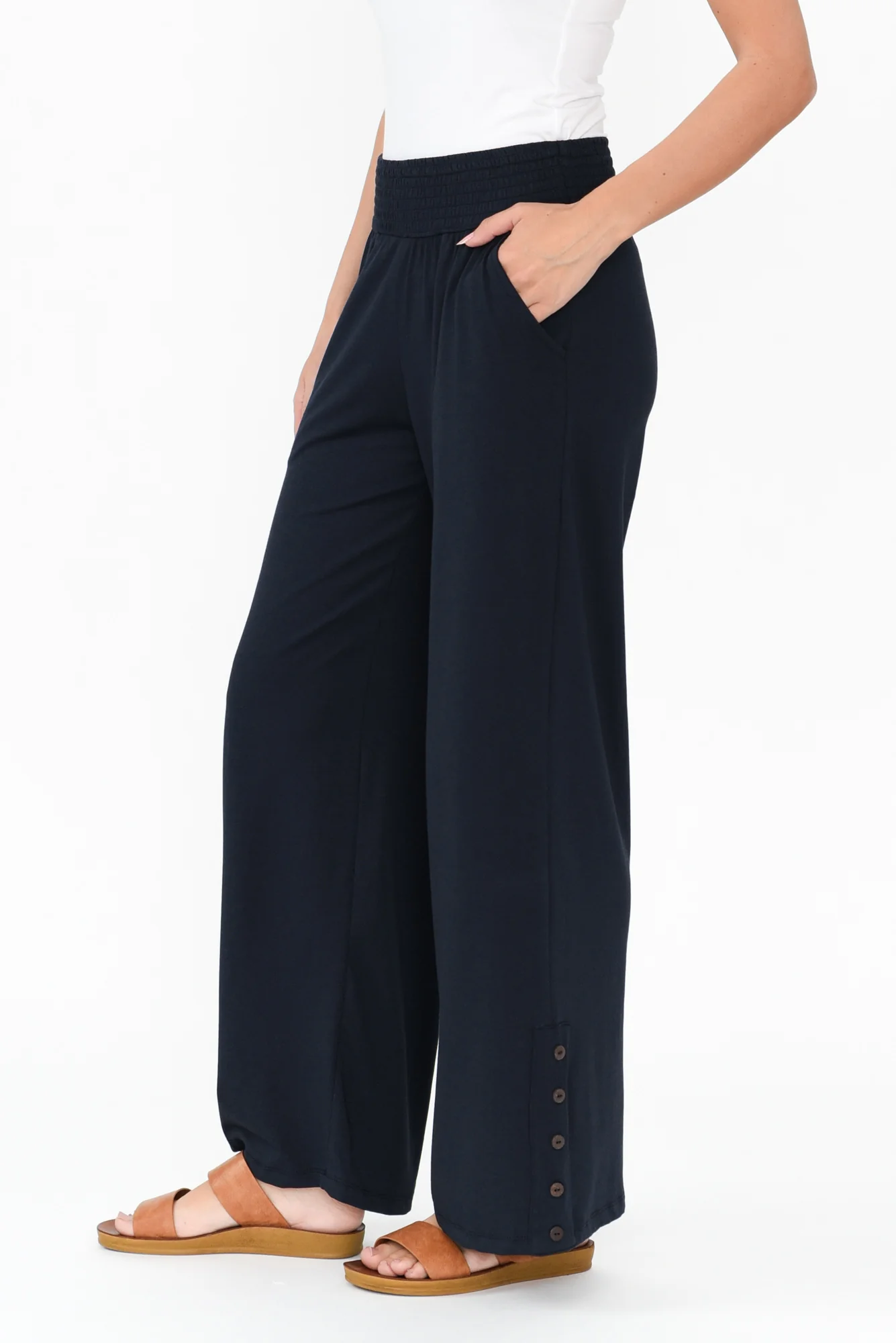 Angelica Navy Cotton Shirred Pants