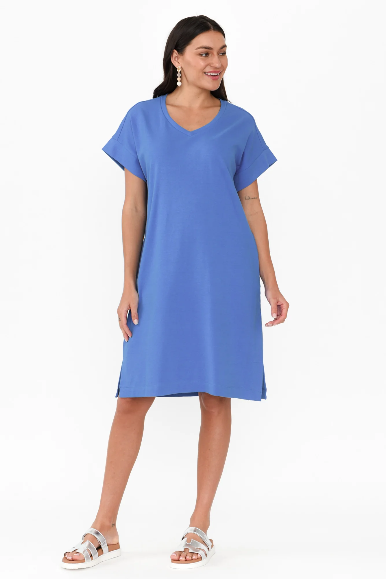 Elise Blue V Neck T-Shirt Dress
