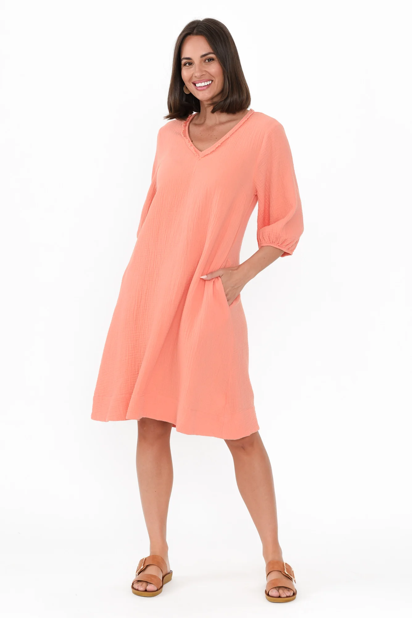 Cordelia Apricot Cotton Cheesecloth Pocket Dress