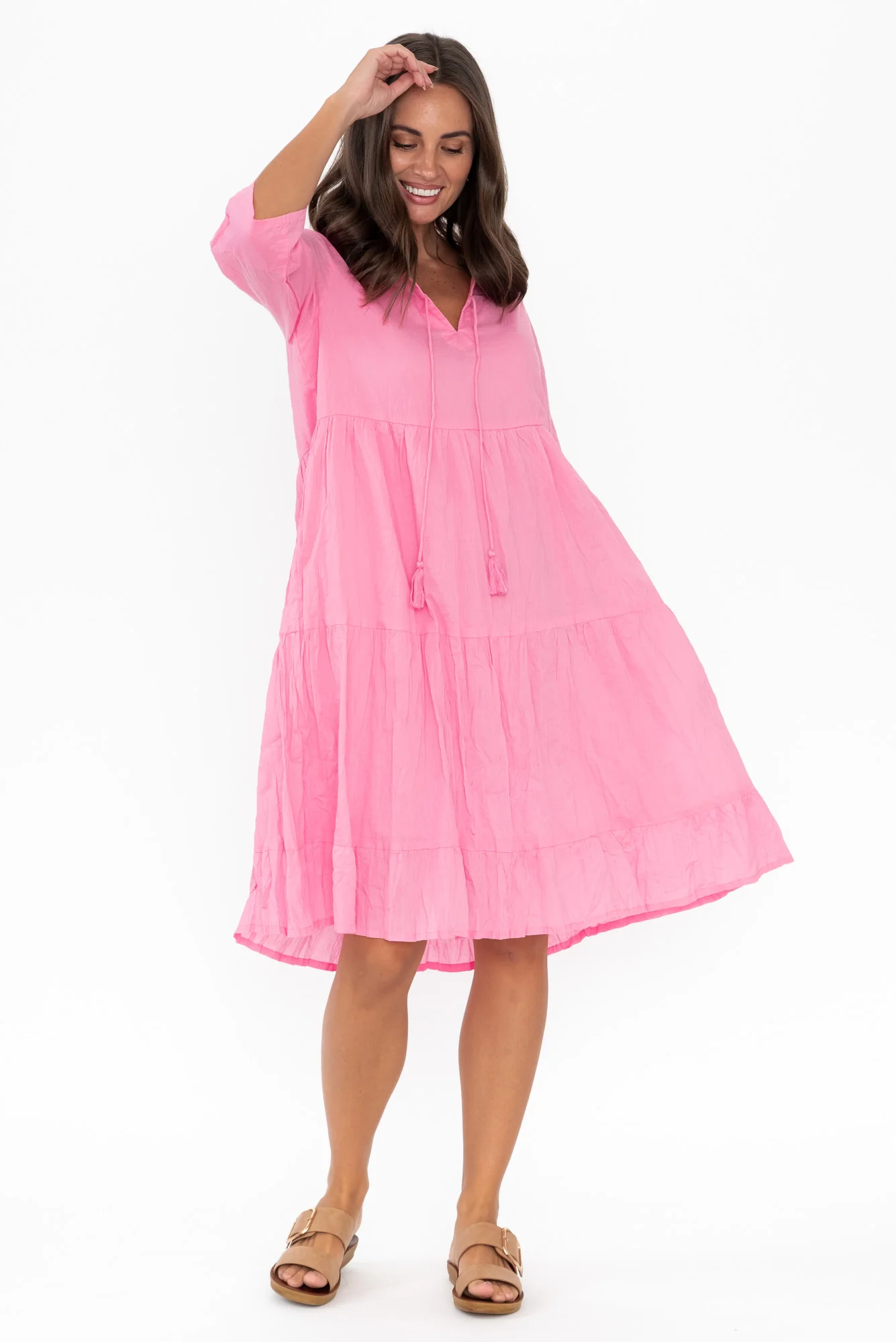 Milana Bright Pink Crinkle Cotton Dress