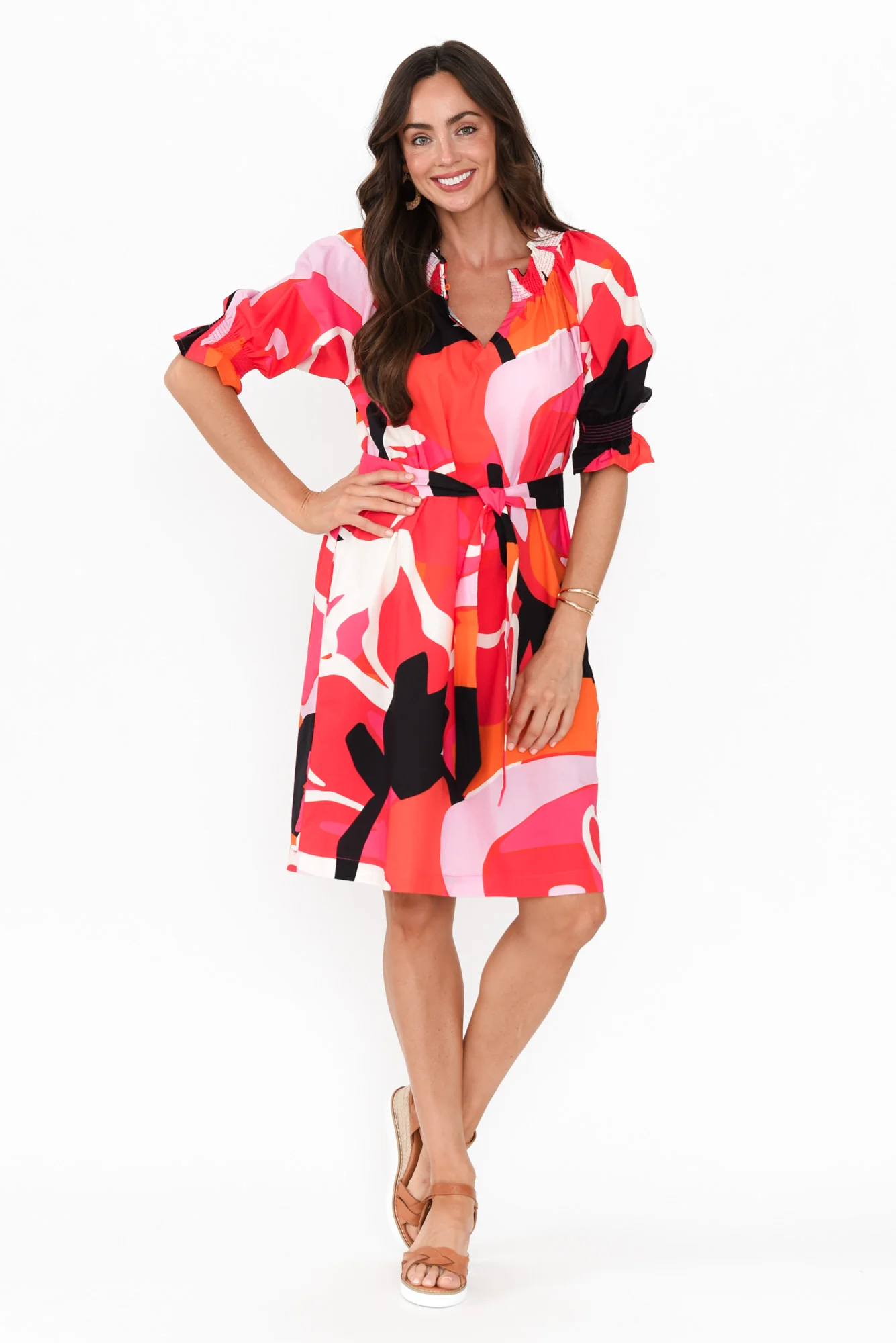 Shirr Pink Abstract Cotton Dress