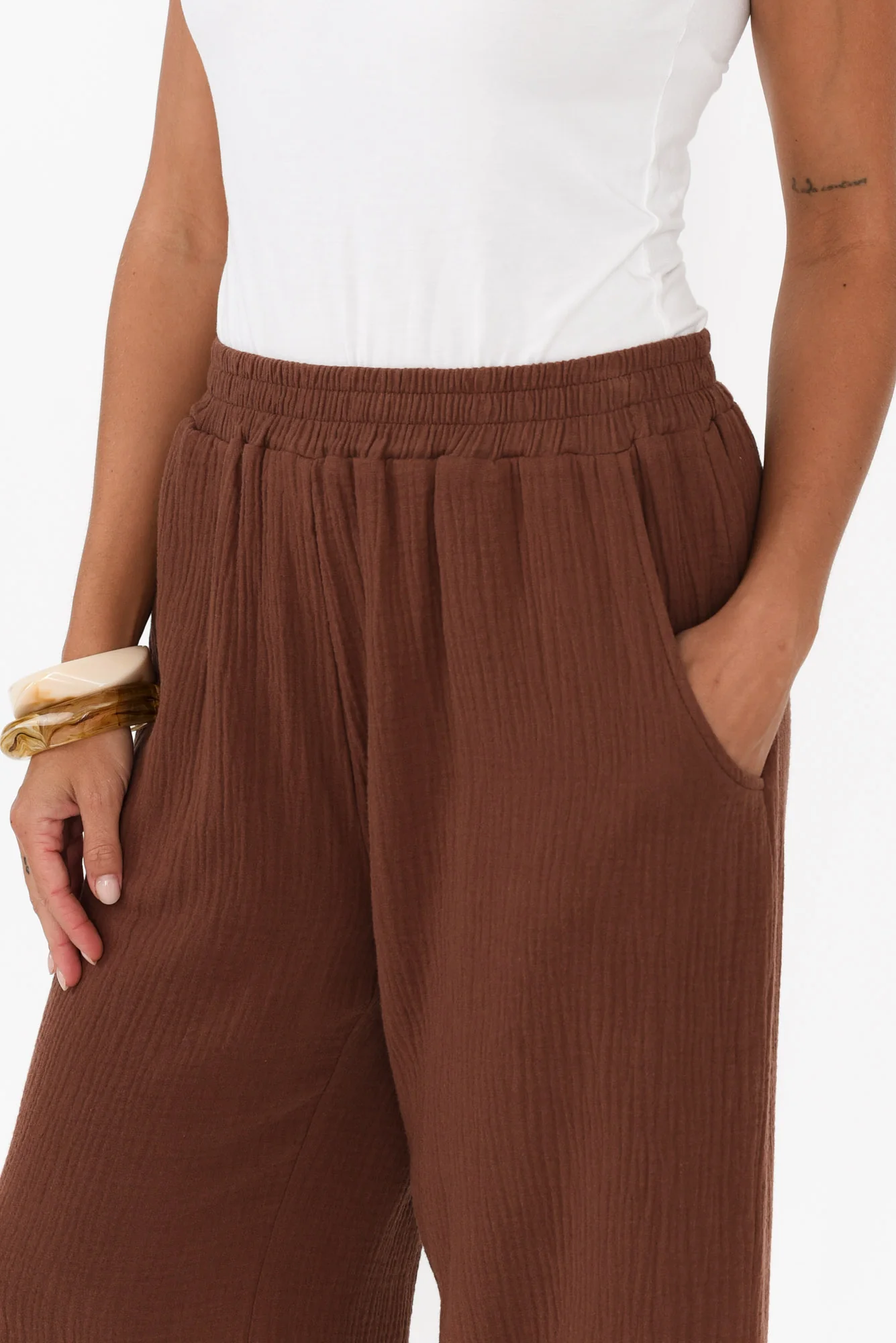 Hobart Mocha Cotton Cheesecloth Cropped Pants