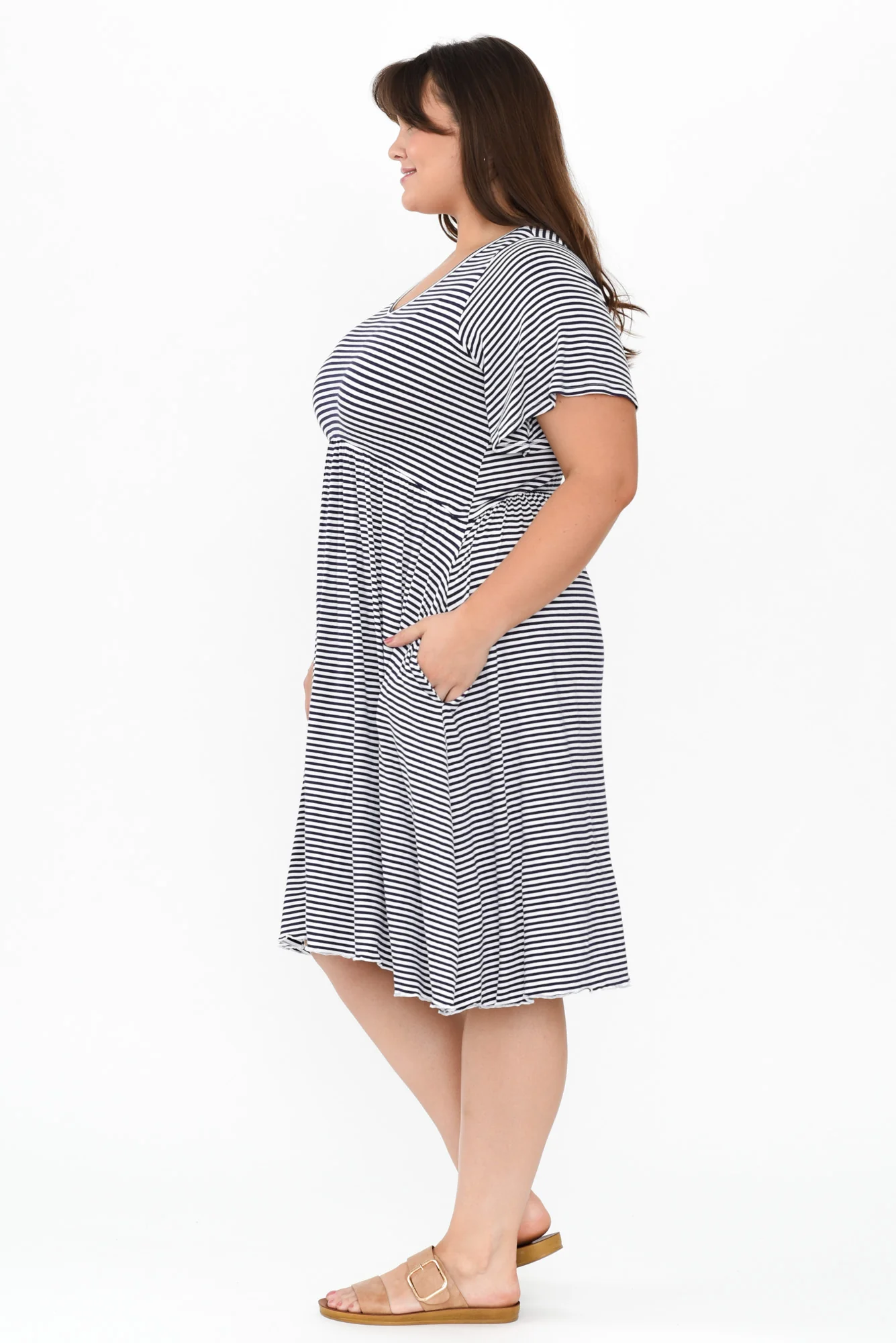 Donna Navy Stripe Gathered Dress