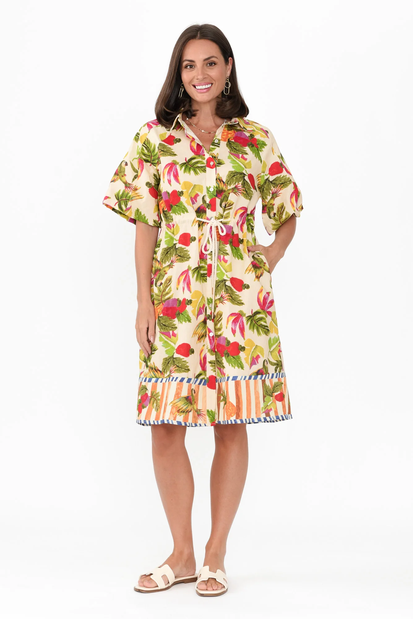 Kumo Cream Tropical Linen Cotton Dress