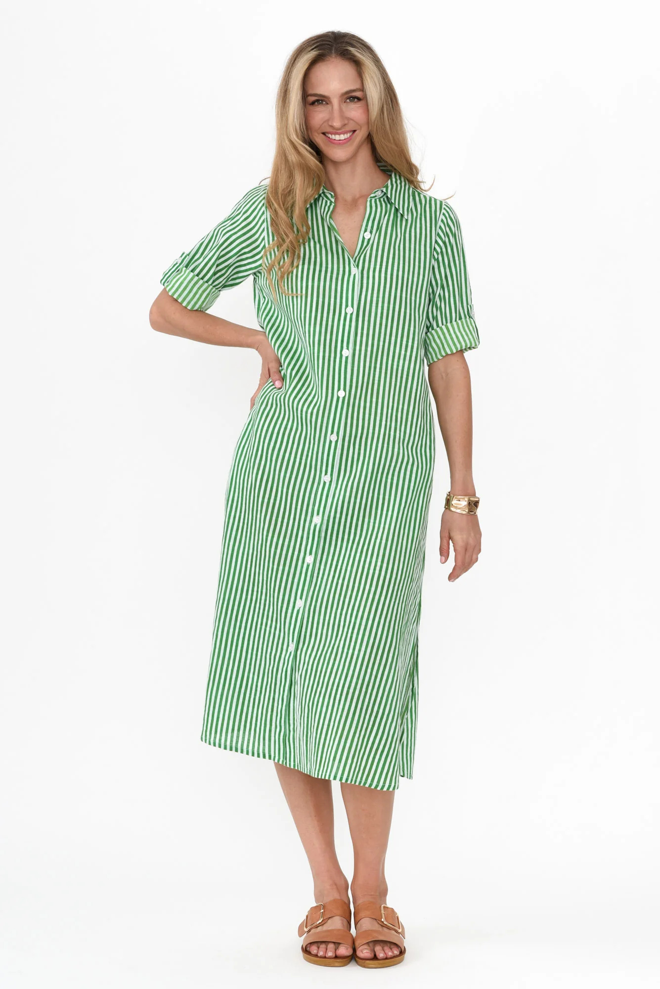 Tricia Green Stripe Cotton Shirt Dress