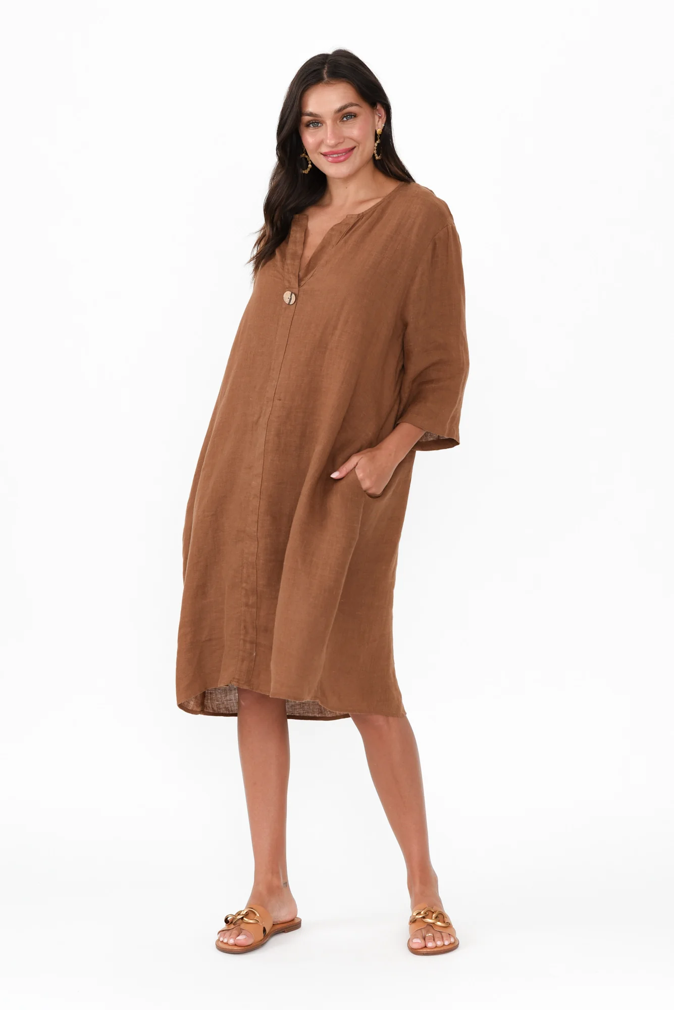 Sian Mocha Linen V Neck Dress