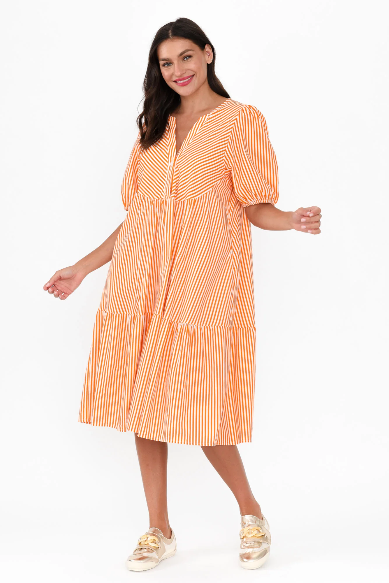 Zariah Orange Stripe Cotton Tier Dress