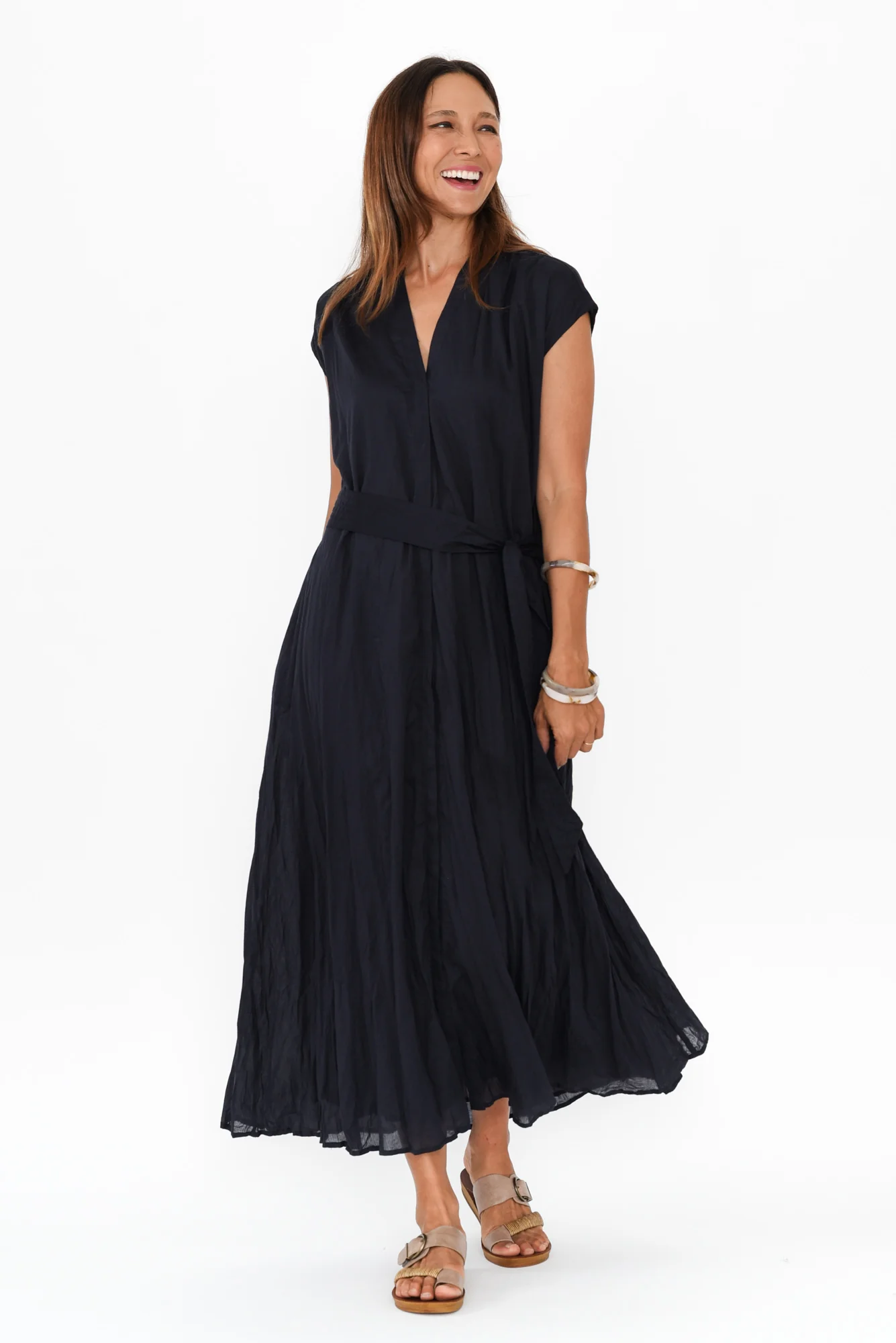 Octavia Navy Crinkle Cotton Button Dress
