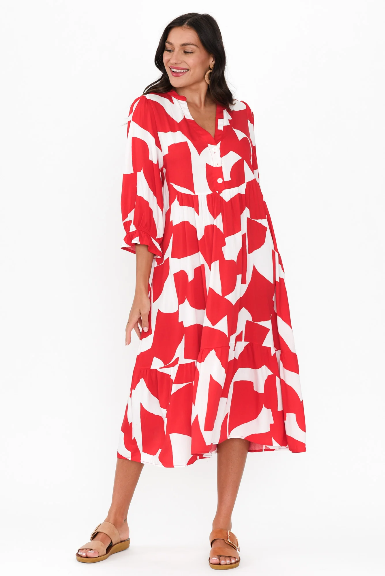Leela Red Abstract Sleeved Dress