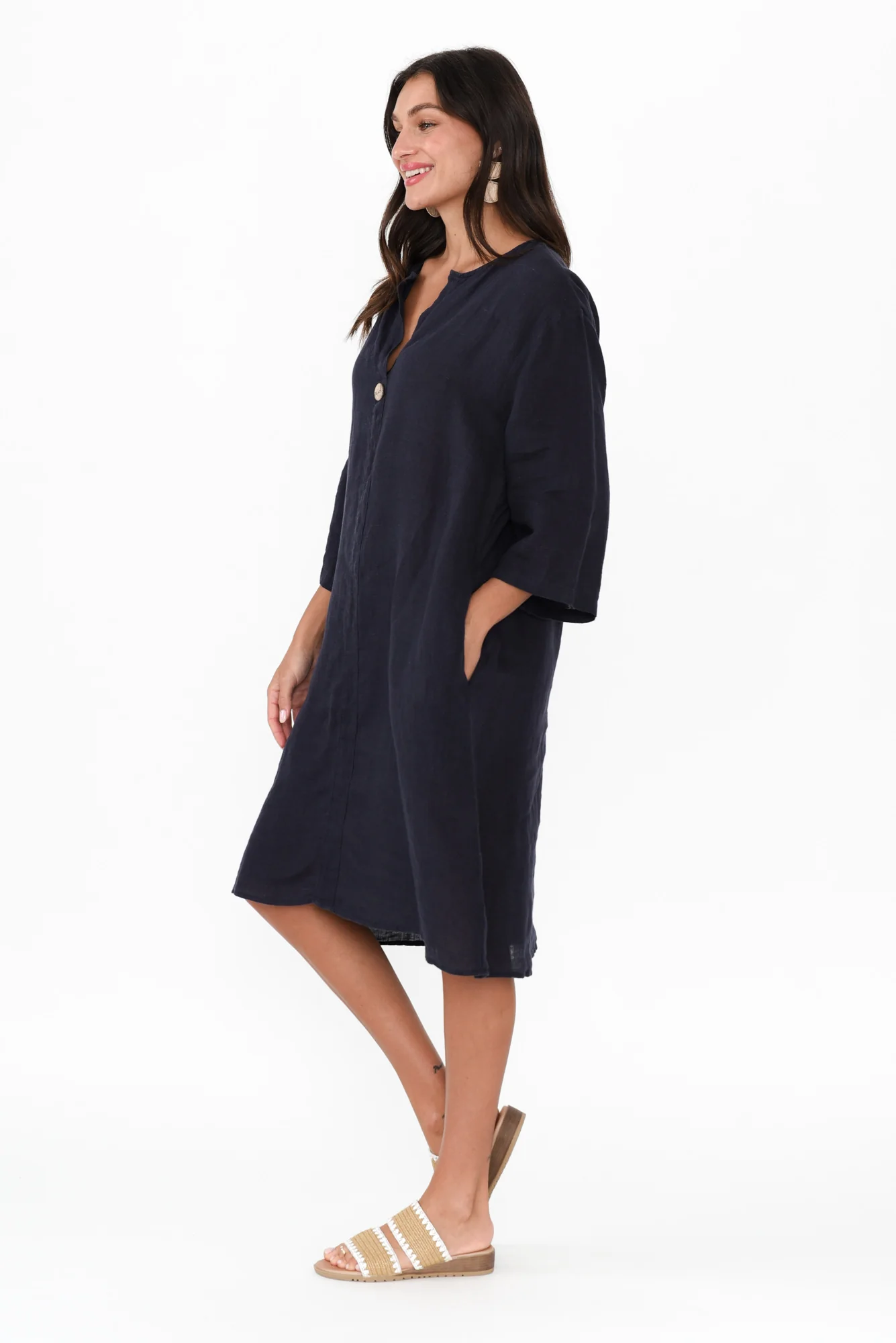 Sian Navy Linen V Neck Dress