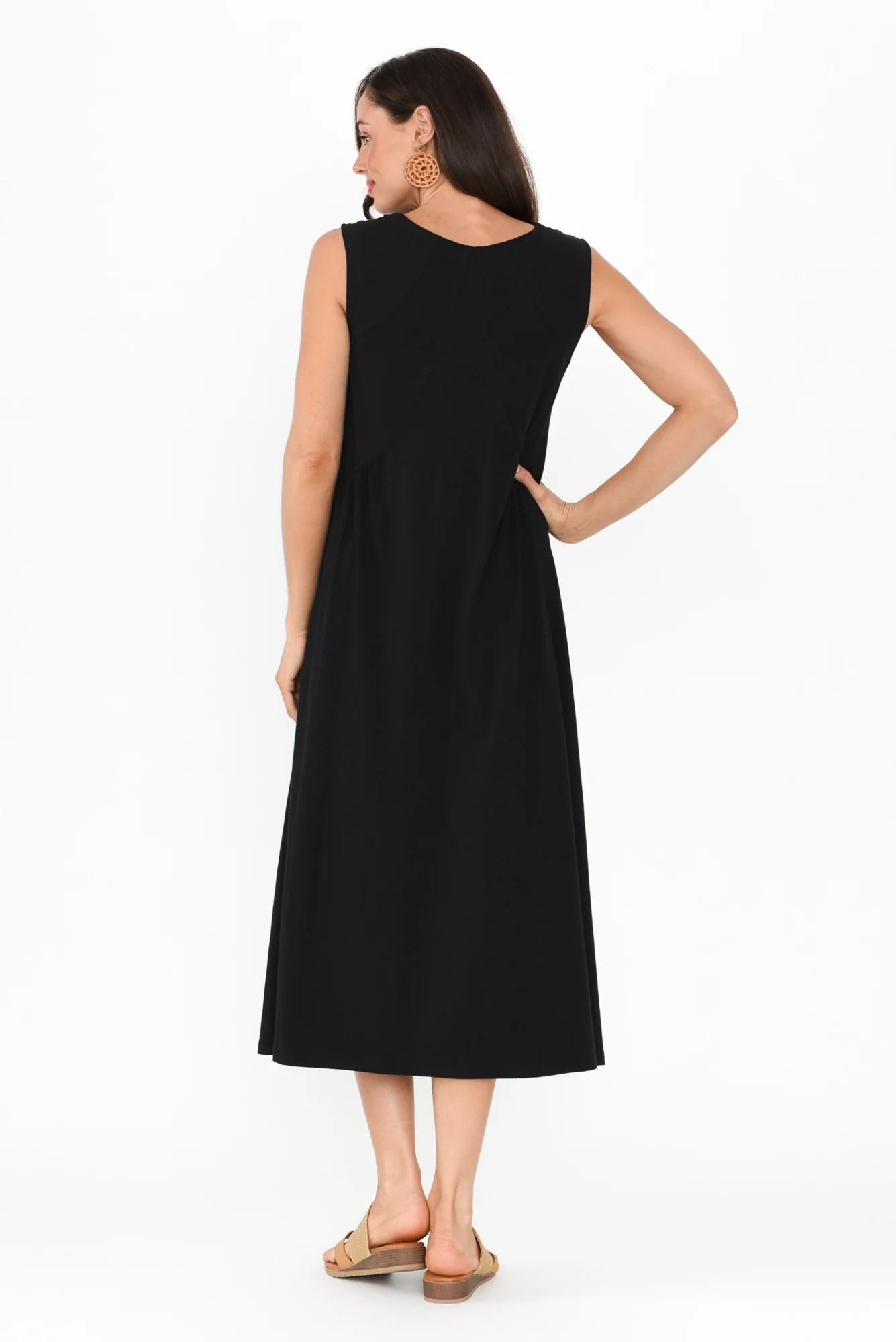 Tarah Black Cotton Stretch V Neck Dress