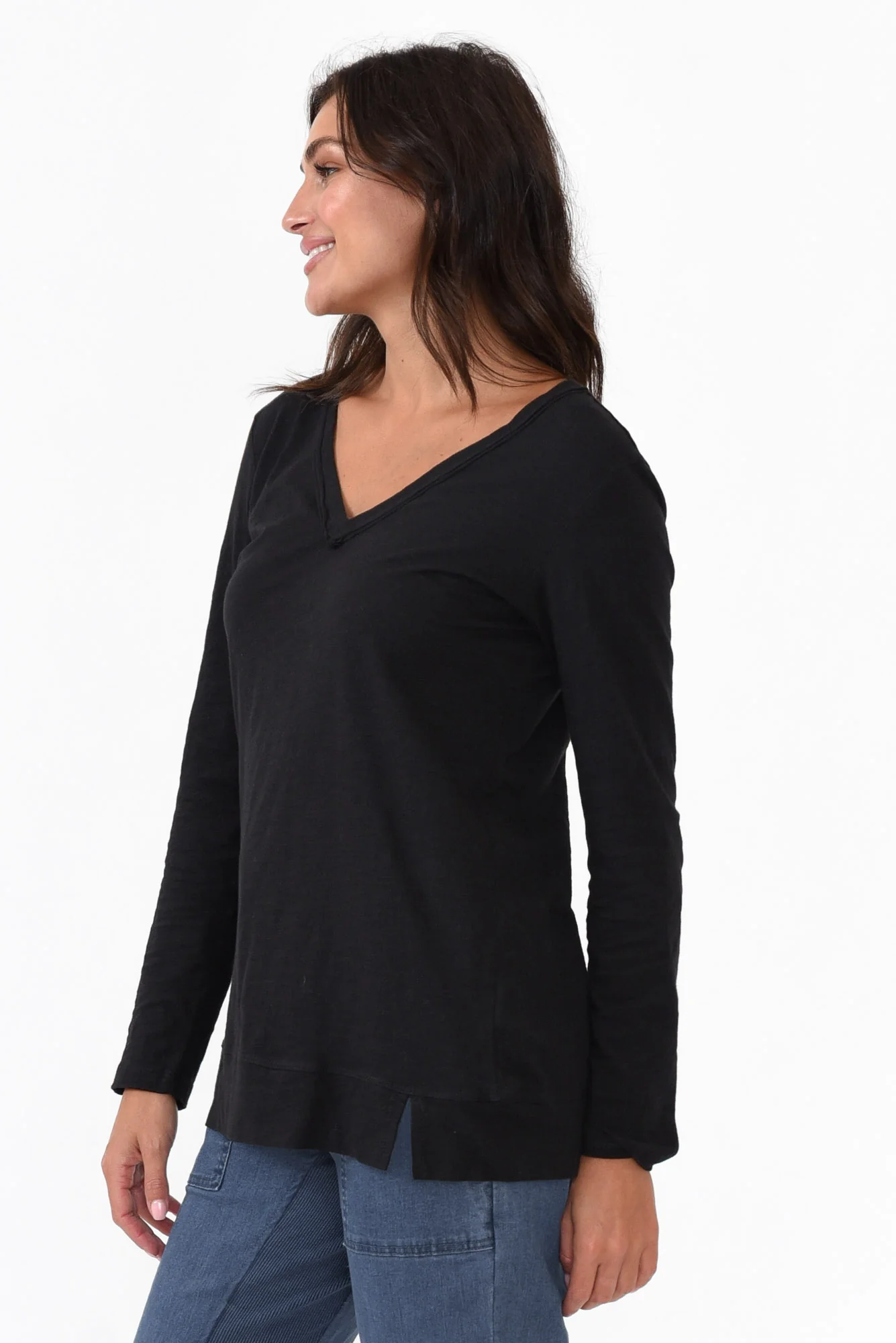 Leah Black Cotton Long Sleeve Tee