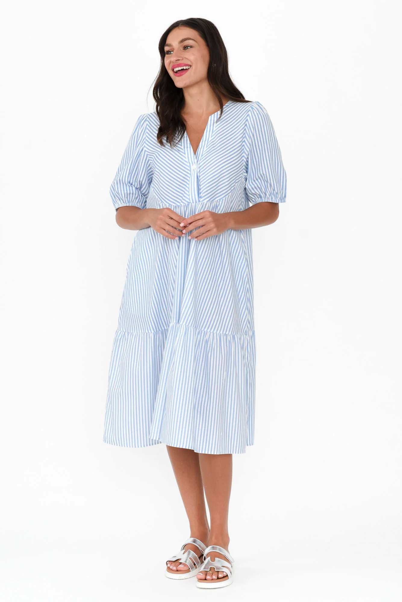 Zariah Blue Stripe Cotton Tier Dress