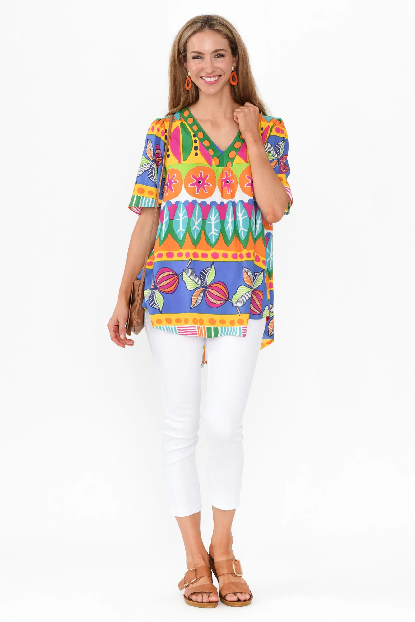 Zani Orange Geo V Neck Top