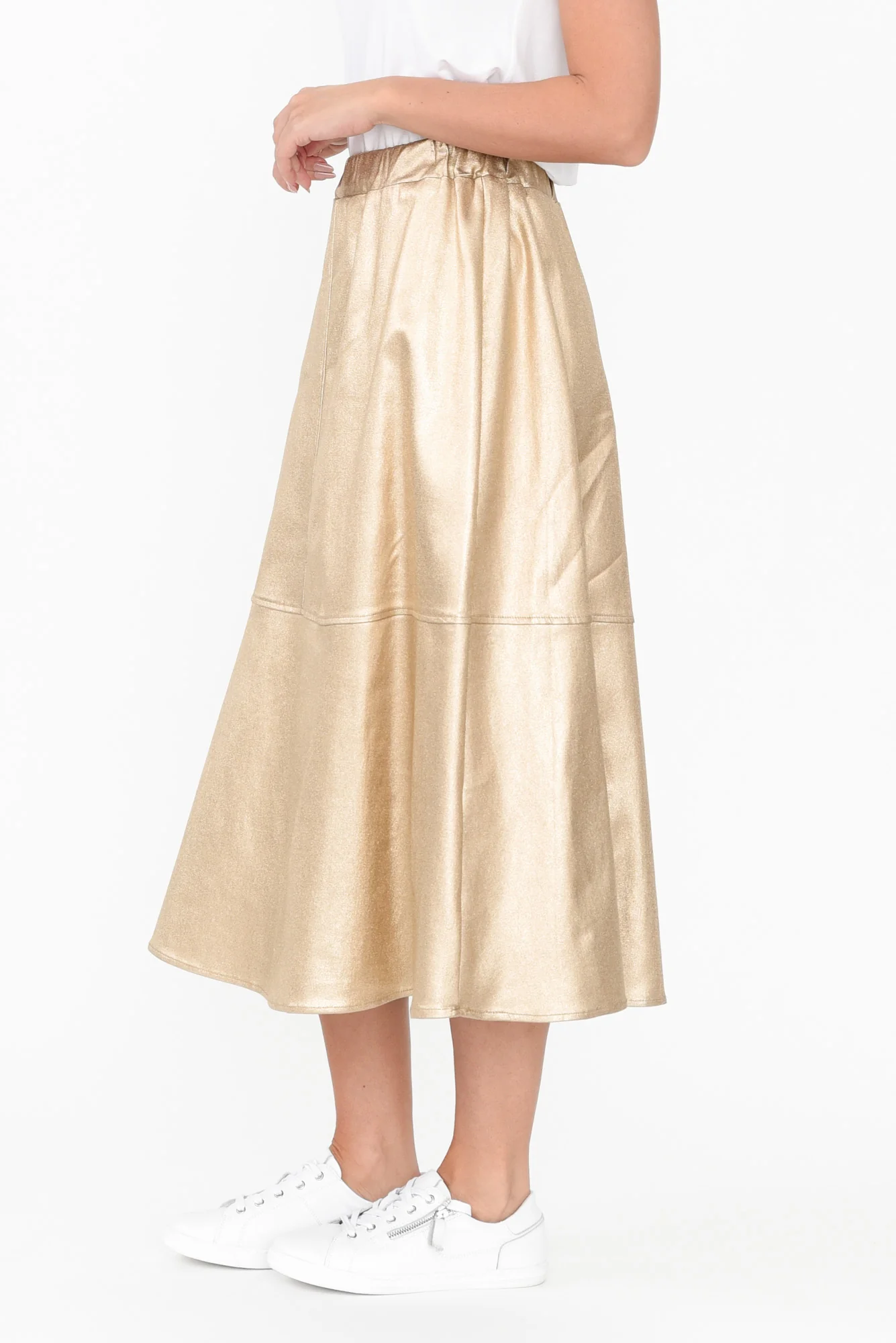 Oriel Gold Faux Leather Midi Skirt