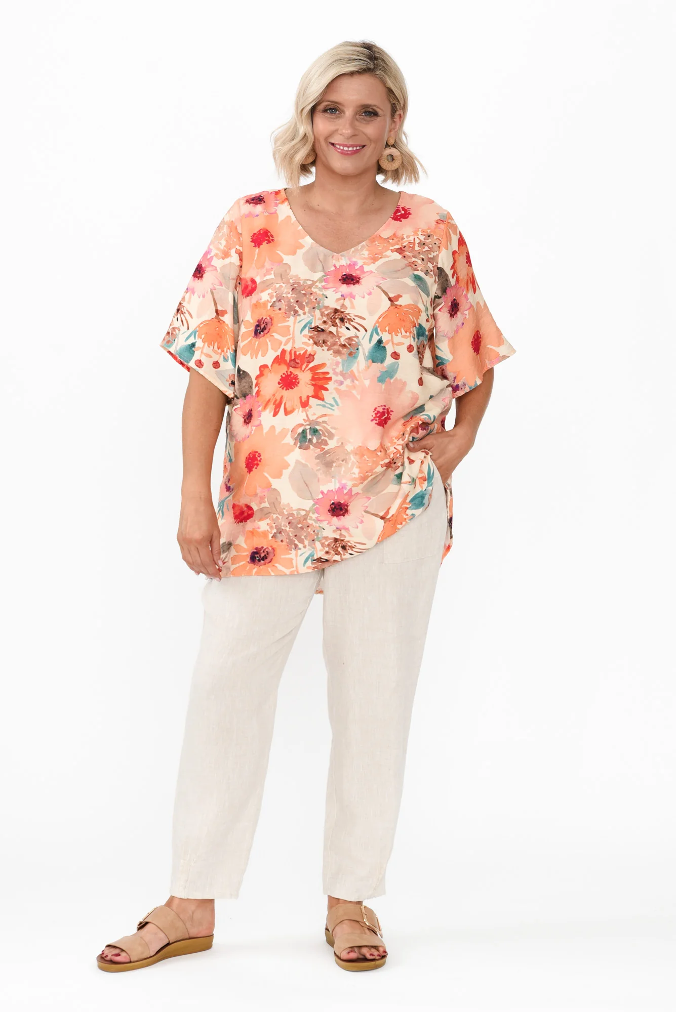 Marian Orange Floral Linen Blend Top
