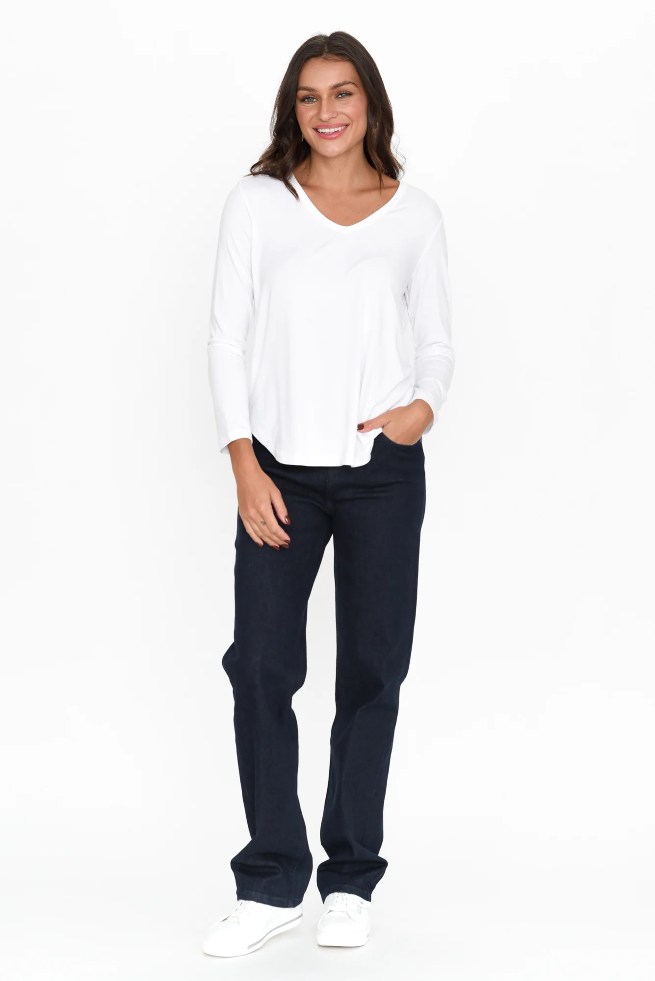 Sia White Bamboo V Neck Top