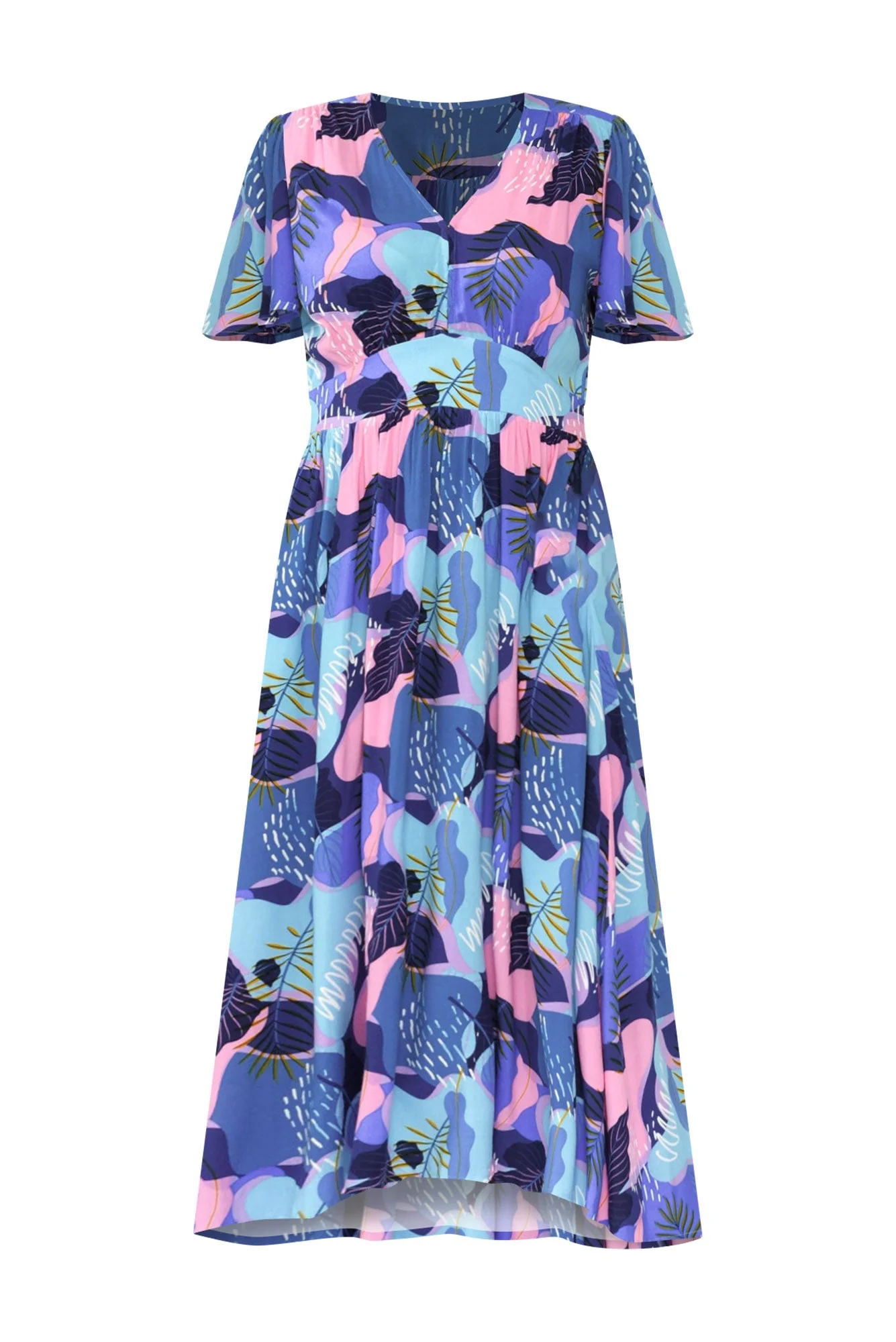 Ora Blue Abstract Flutter Sleeve Dress