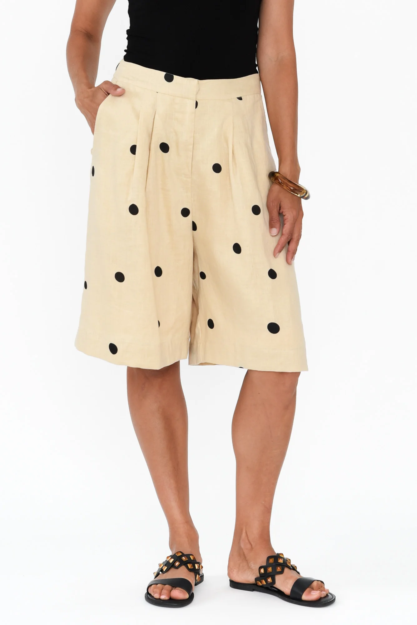 Lyria Natural Spot Linen Bermuda Shorts