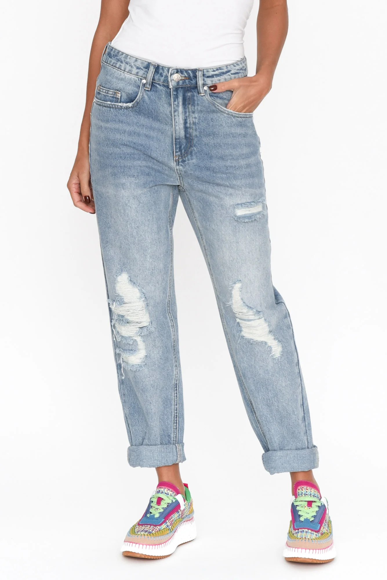 Nessie Blue Wash Distressed Straight Jeans
